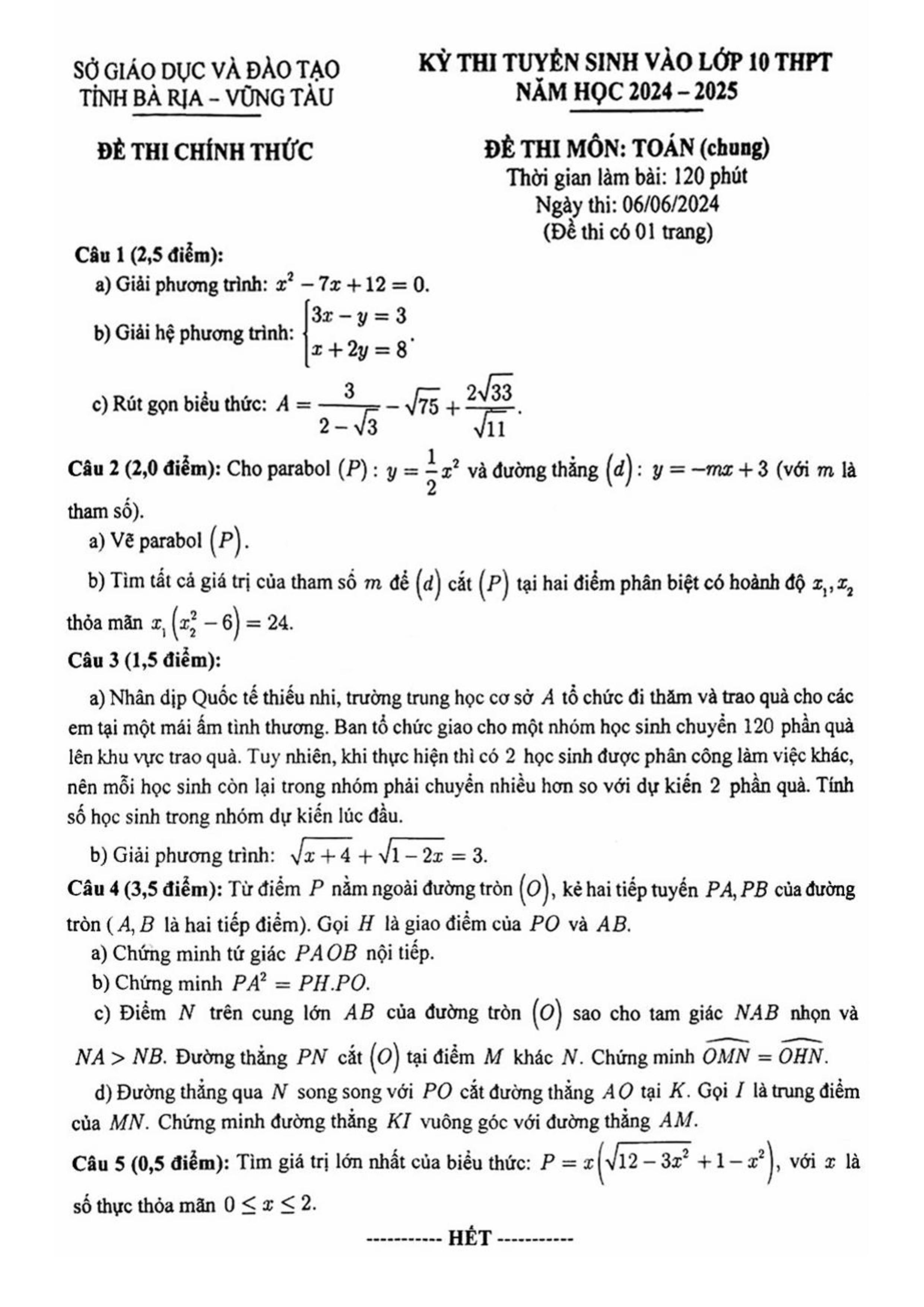 Đề thi chính thức vào 10 môn toán tỉnh Bà Rịa - Vũng Tàu năm 2024 có đáp án
