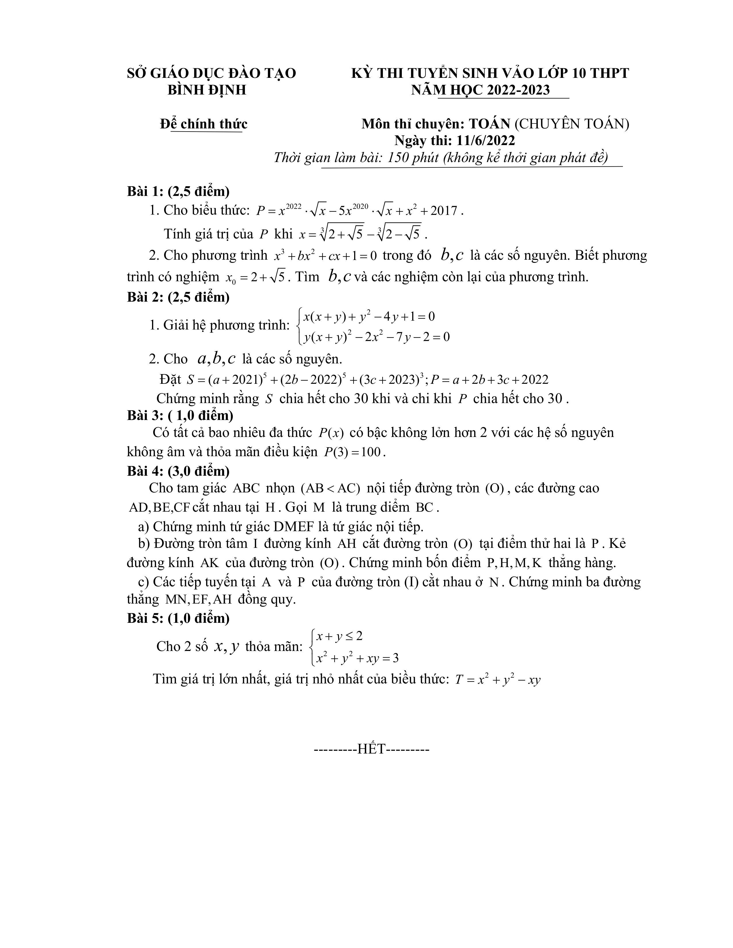 Đề thi vào 10 chuyên toán Sở GD ĐT Bình Định năm 2022 có đáp án