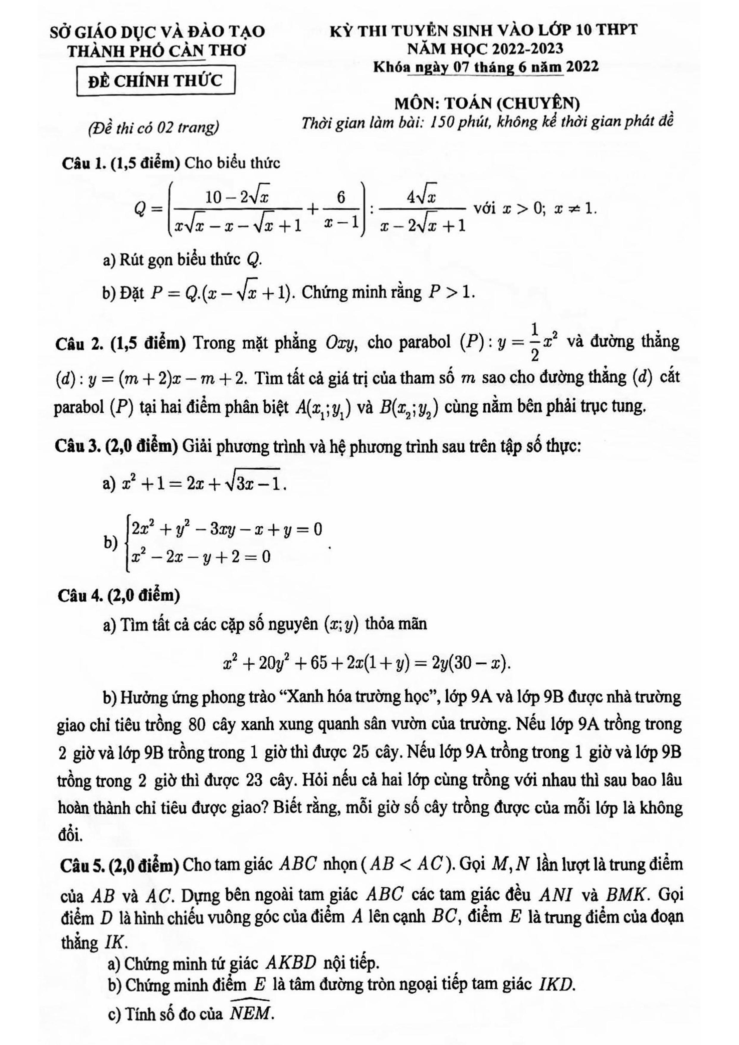 Đề thi vào 10 chuyên toán Sở GD ĐT Cần Thơ năm 2022 có đáp án