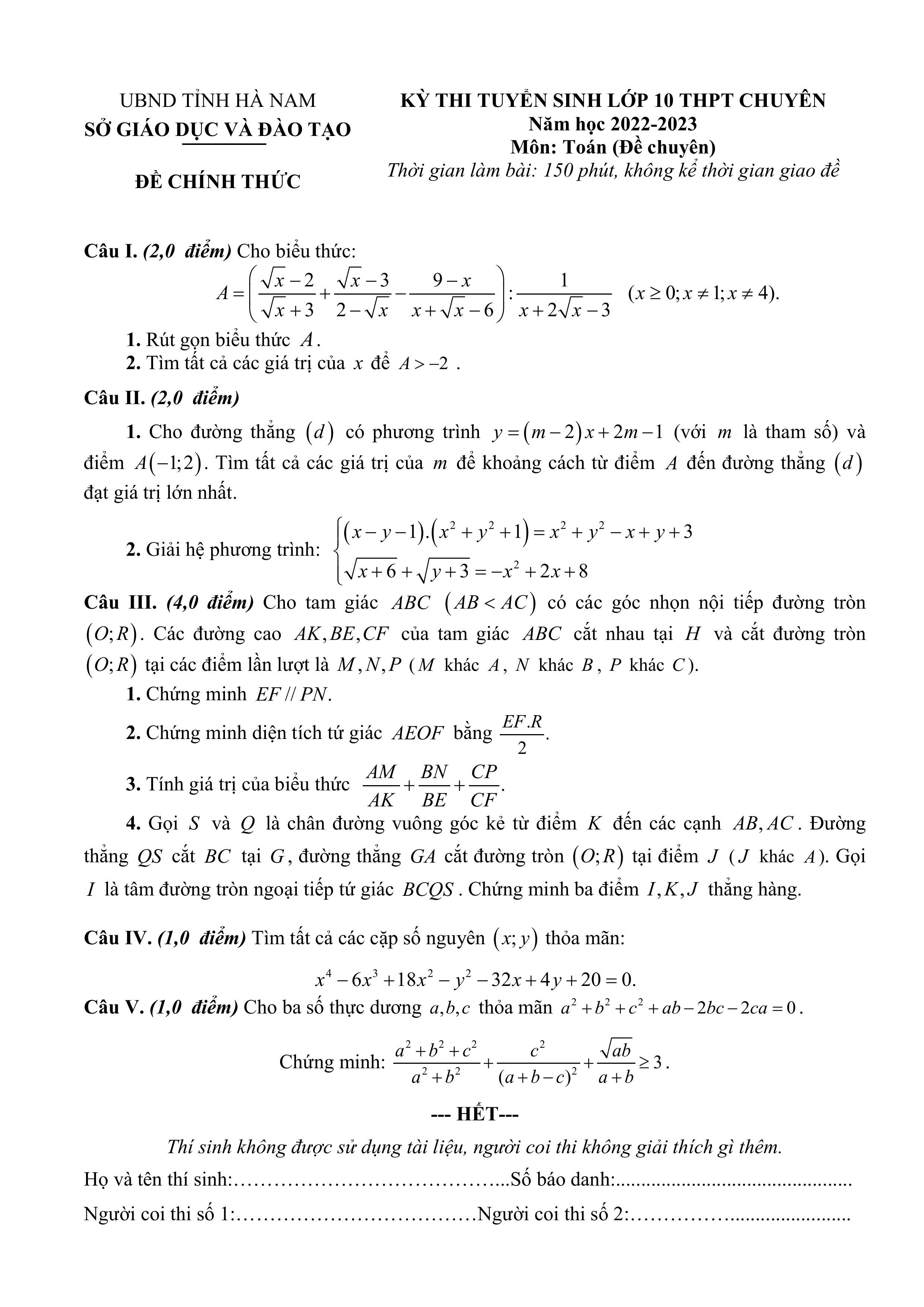 Đề thi vào 10 chuyên toán Sở GD ĐT Hà Nam năm 2022 có đáp án