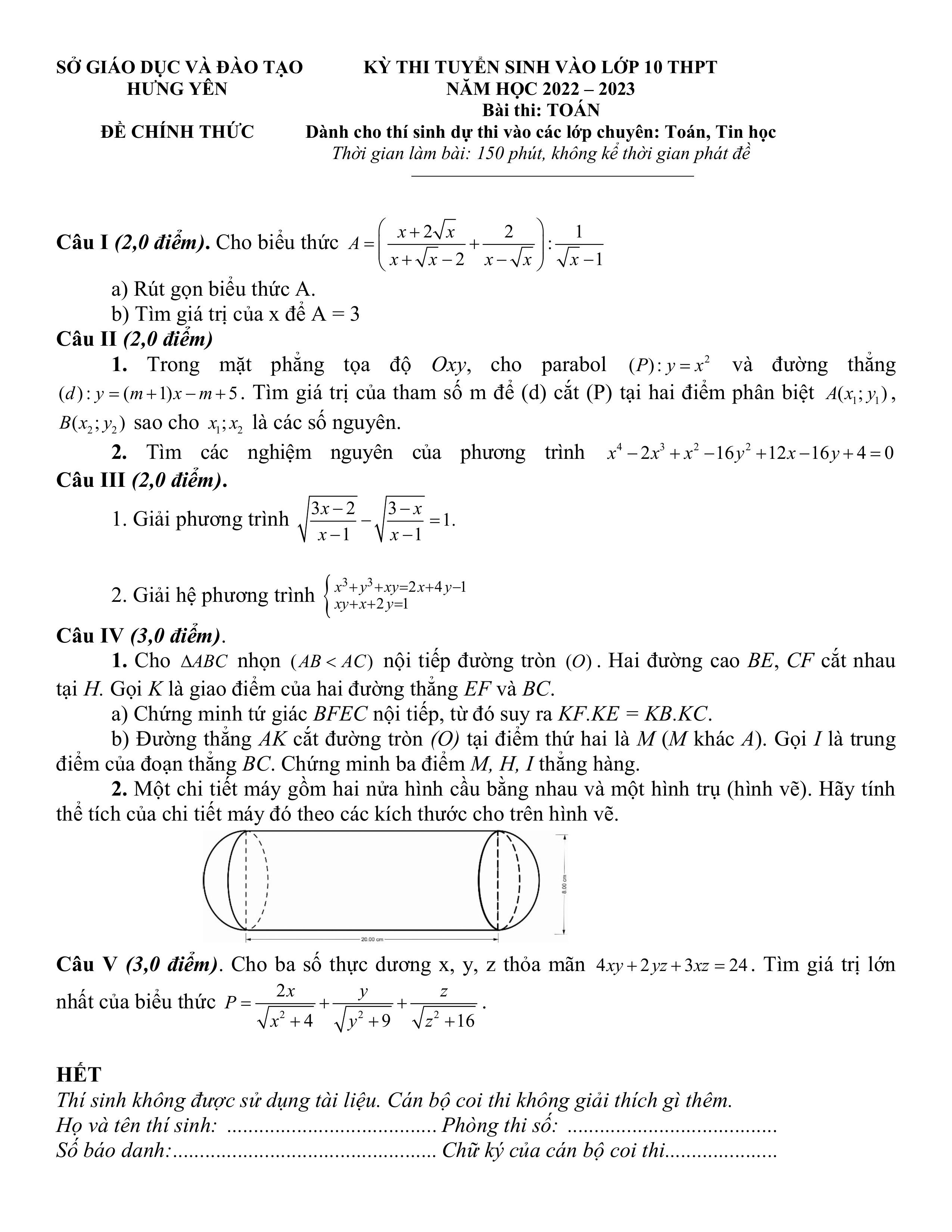 Đề thi vào 10 chuyên toán Sở GD ĐT Hưng Yên năm 2022 có đáp án