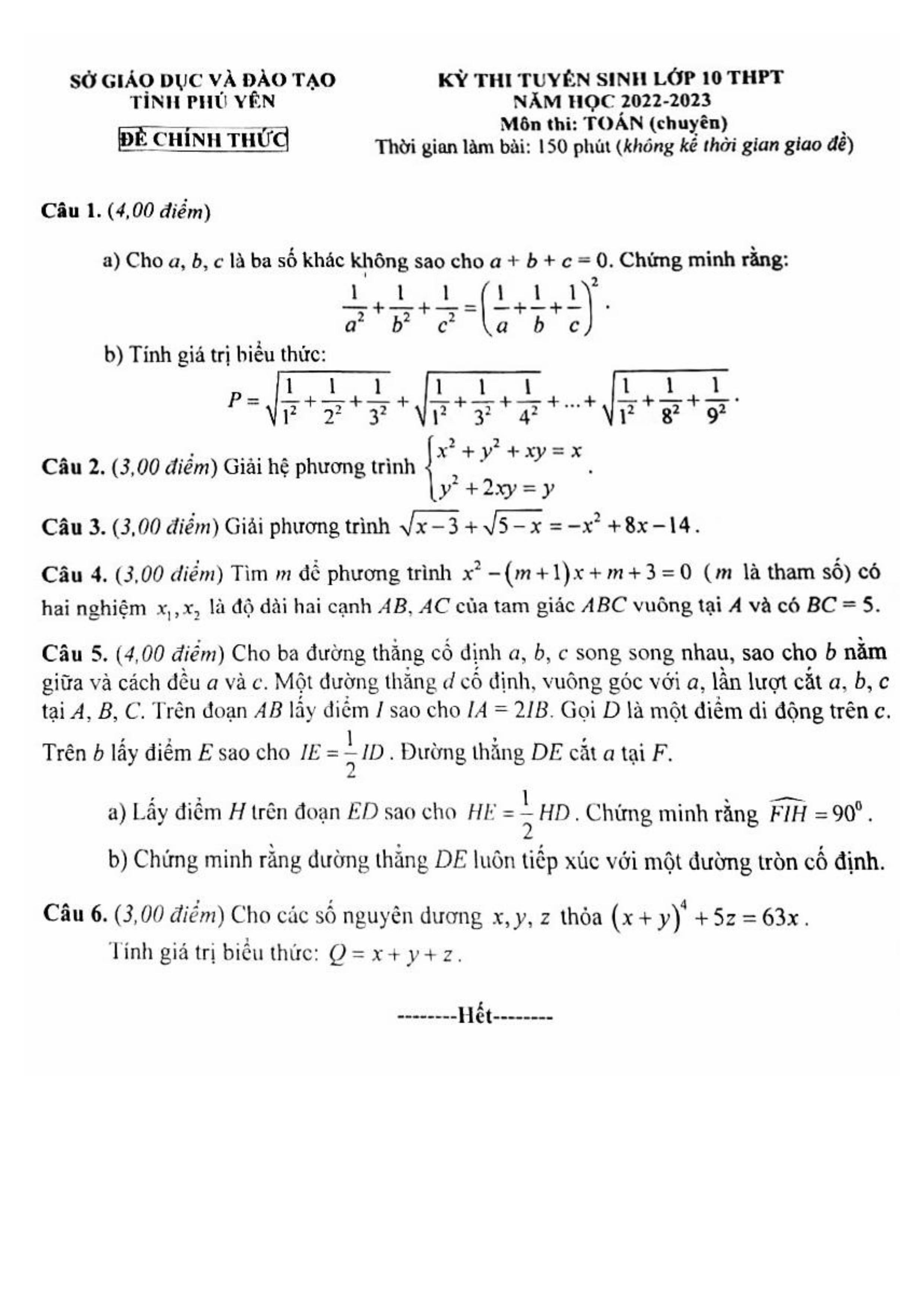 Đề thi vào 10 chuyên toán Sở GD ĐT Phú Yên năm 2022 có đáp án