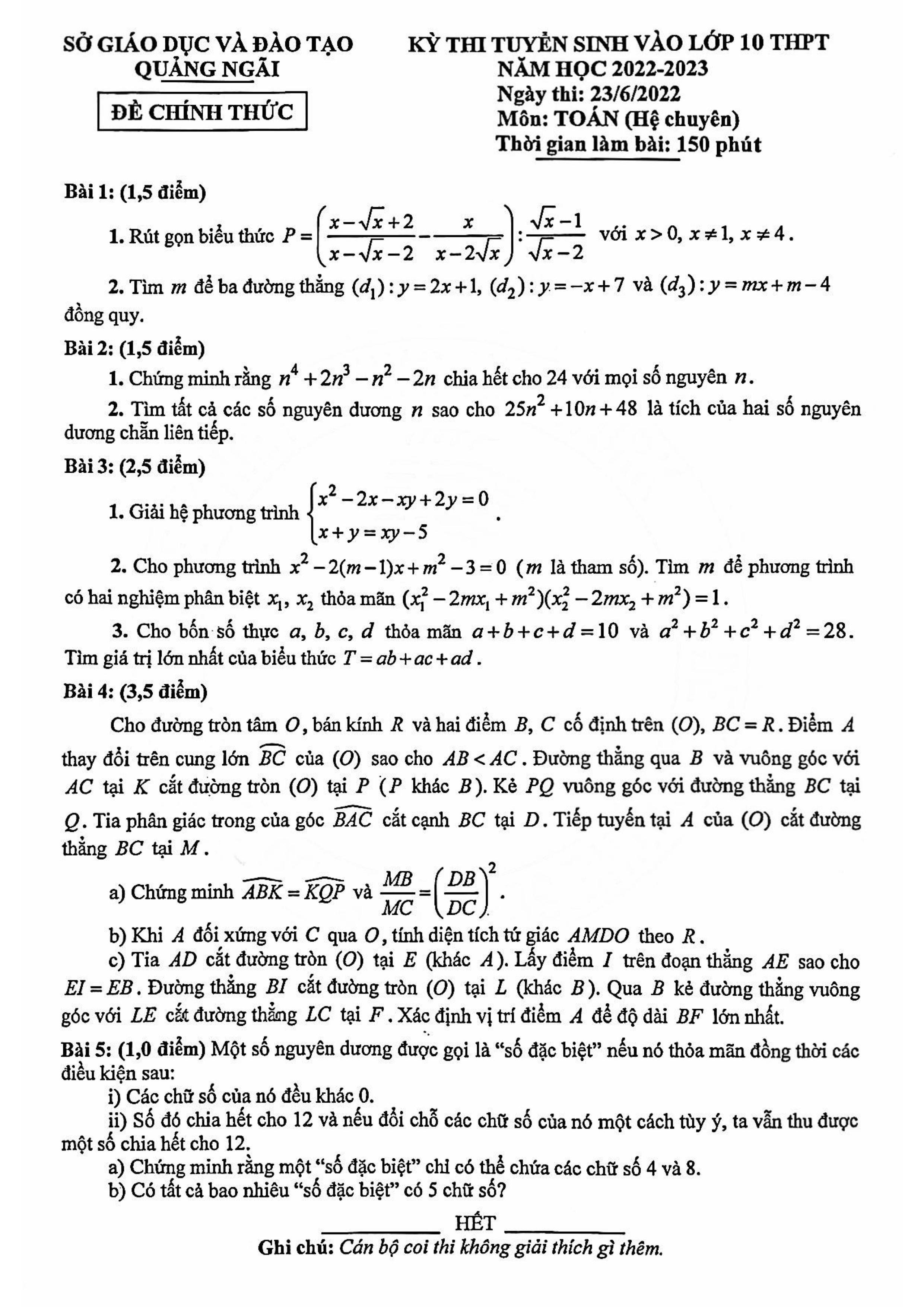 Đề thi vào 10 chuyên toán Sở GD ĐT Quảng Ngãi năm 2022 có đáp án