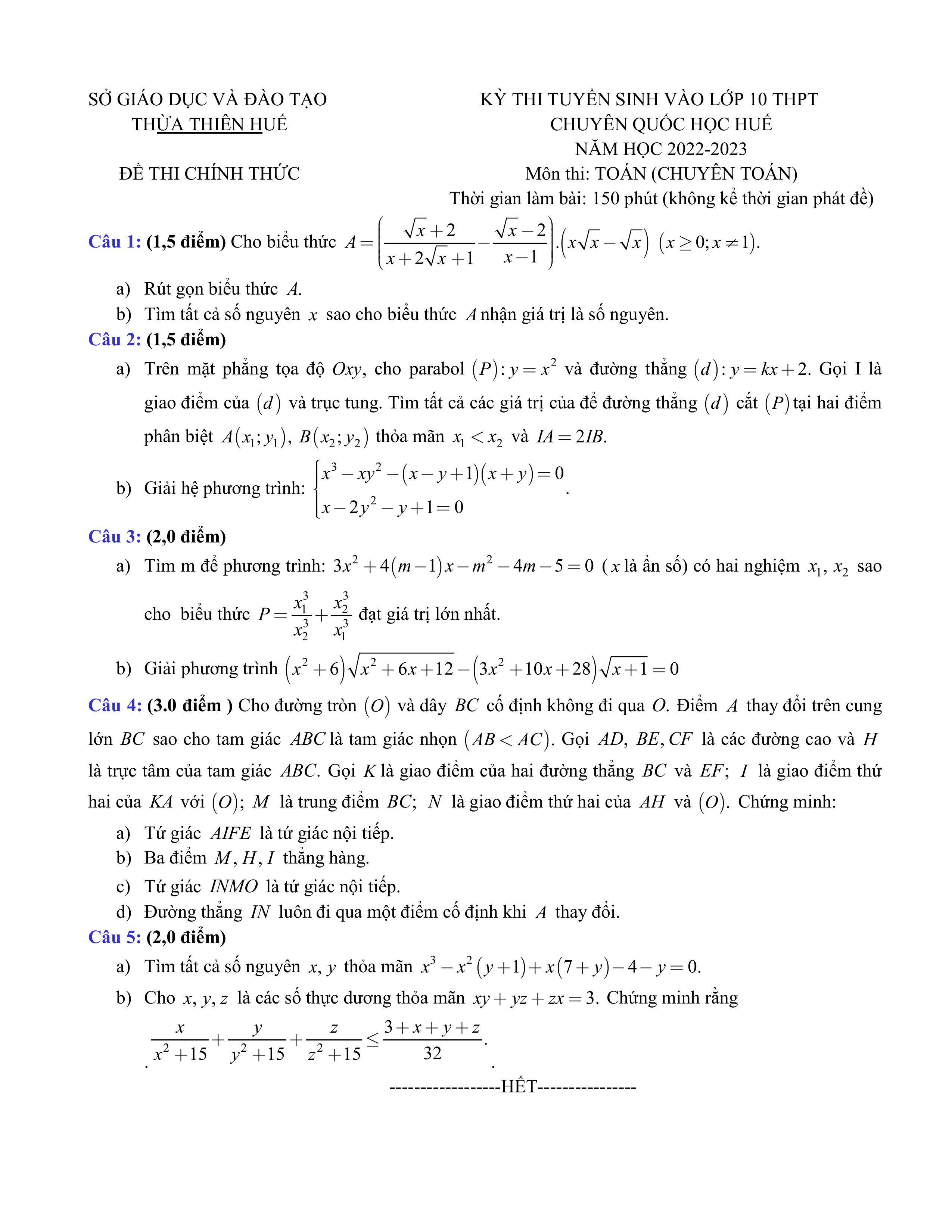 Đề thi vào 10 chuyên toán Sở GD ĐT Huế năm 2022 có đáp án