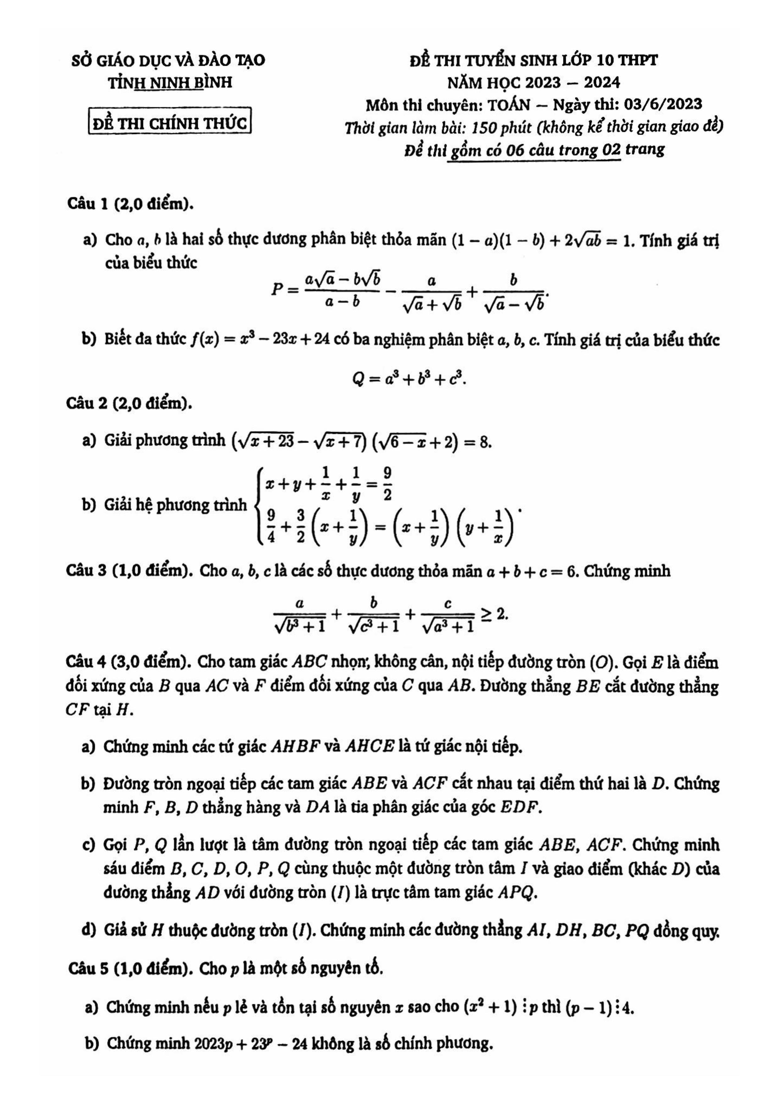 Đề thi vào 10 chuyên toán Sở GD ĐT Ninh Bình năm 2023 có đáp án