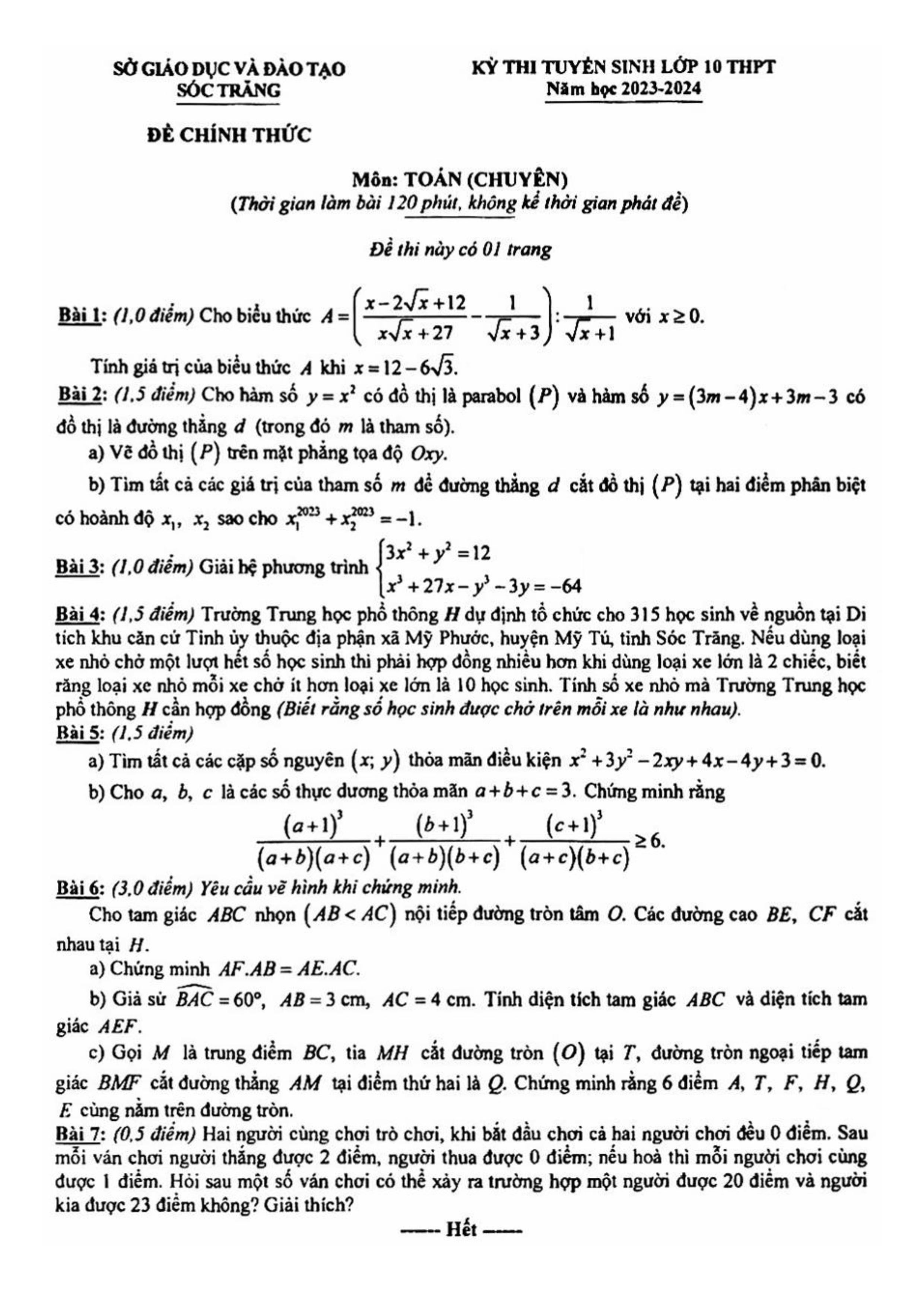Đề thi vào 10 chuyên toán Sở GD ĐT Sóc Trăng năm 2023 có đáp án