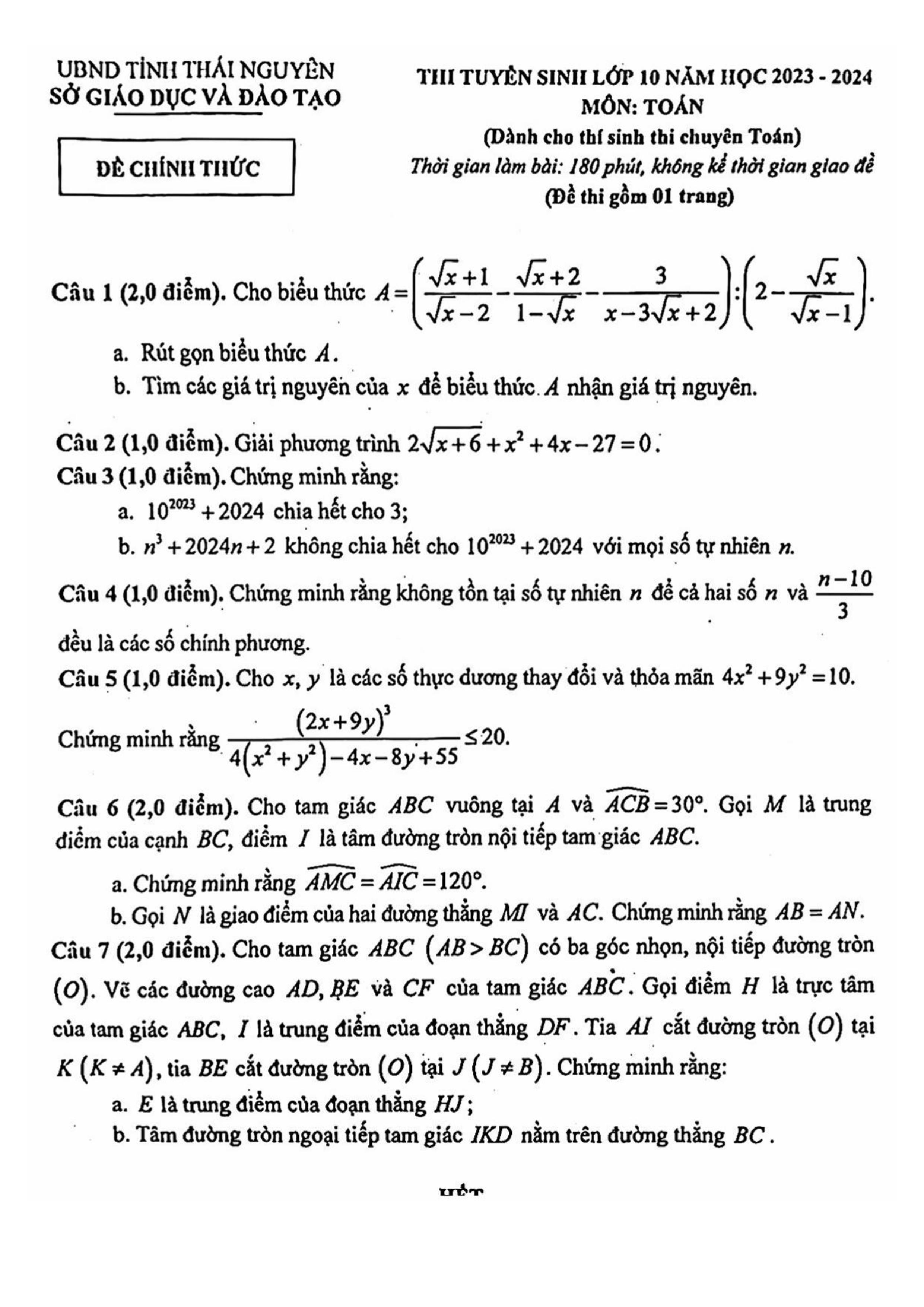 Đề thi vào 10 chuyên toán Sở GD ĐT Thái Nguyên năm 2023 có đáp án