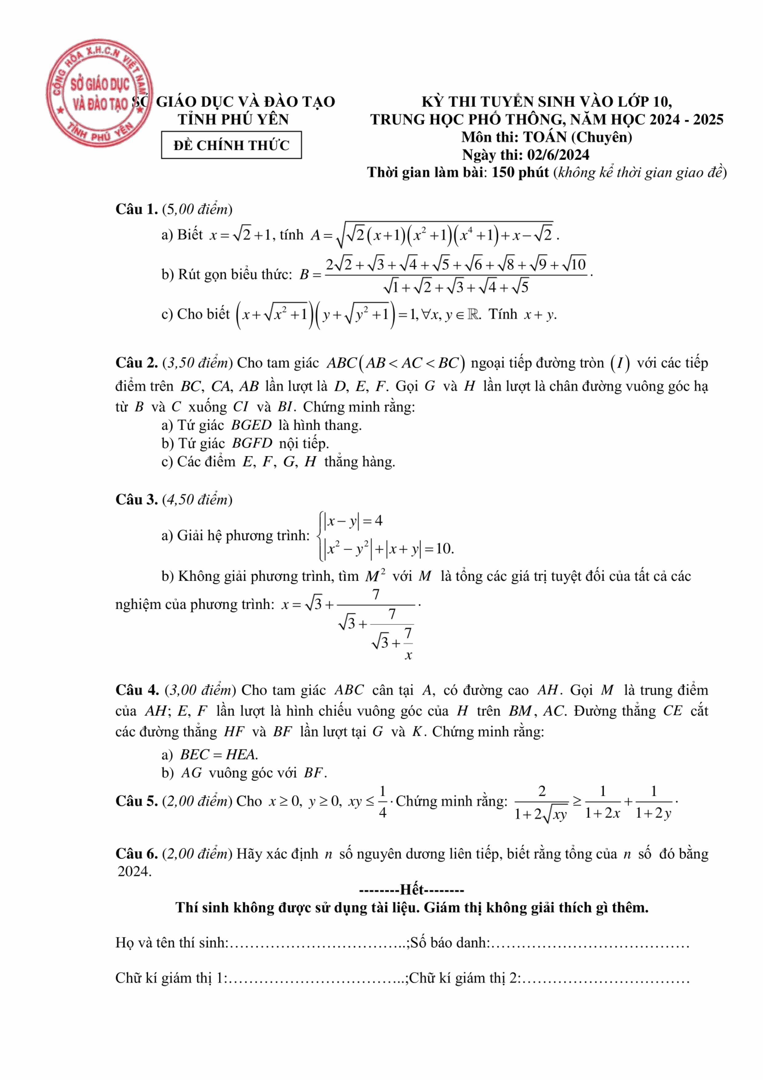 Đề thi vào 10 chuyên toán Sở GD ĐT Phú Yên năm 2024 có đáp án