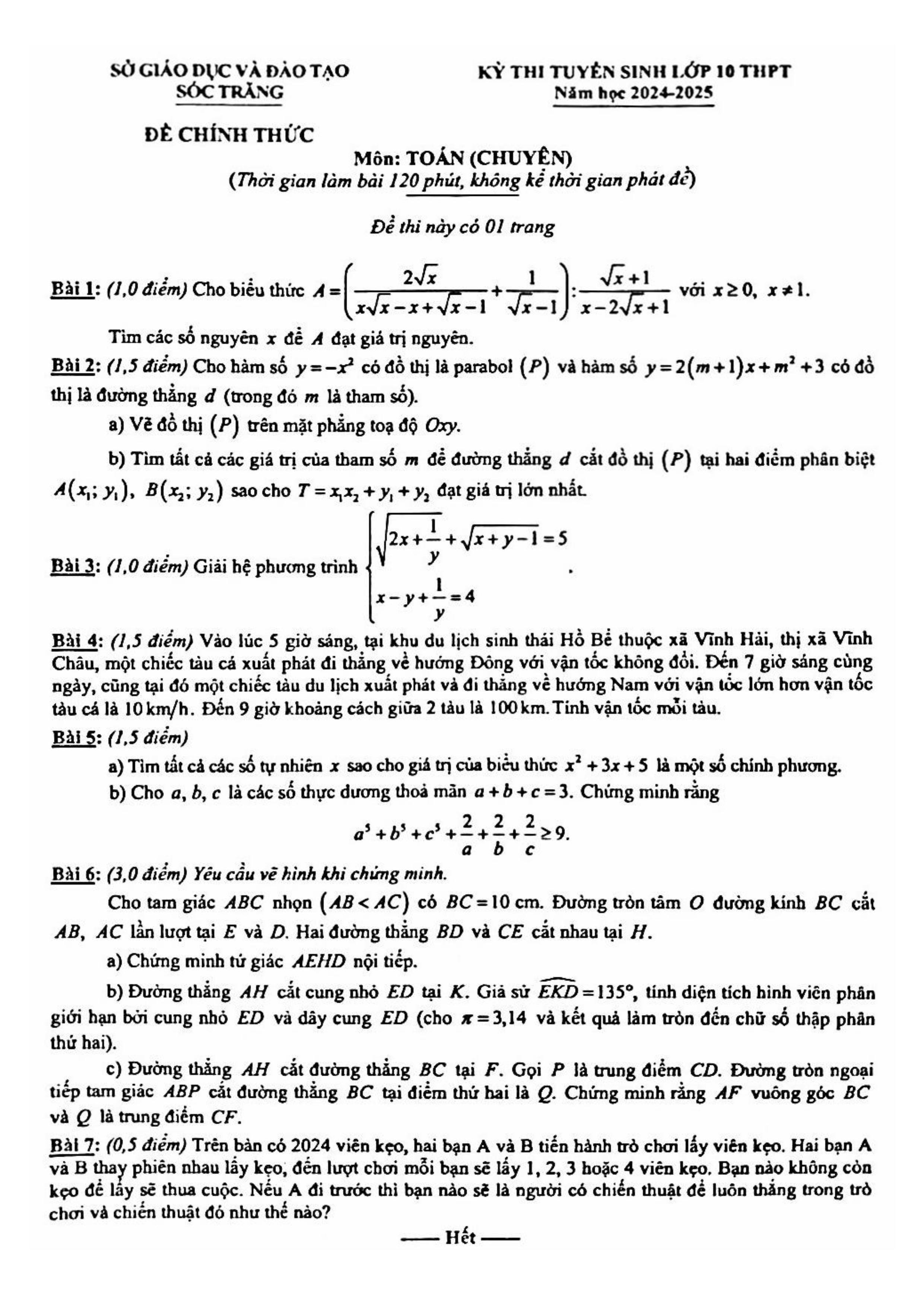 Đề thi vào 10 chuyên toán Sở GD ĐT Sóc Trăng năm 2024 có đáp án