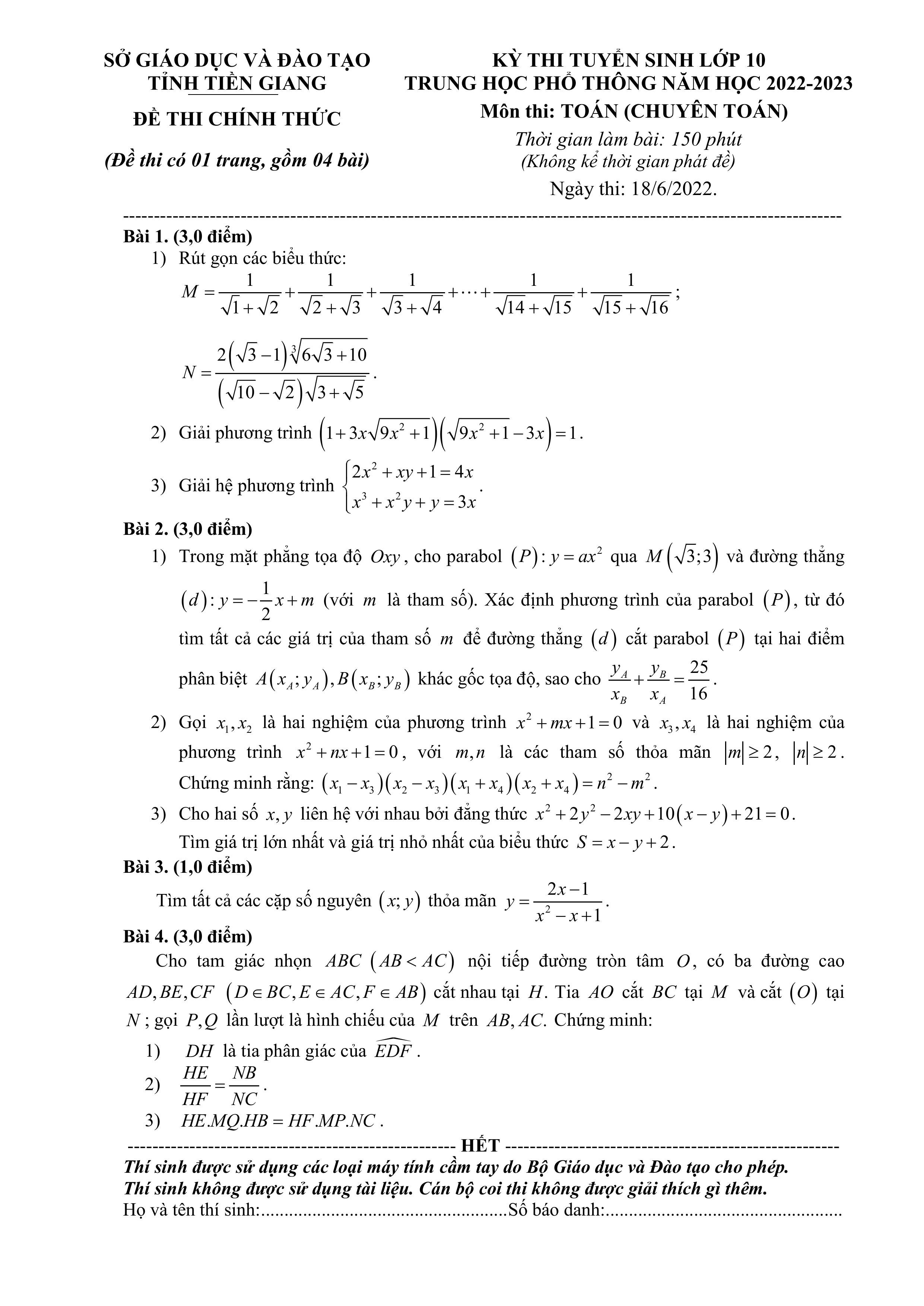 Đề thi vào 10 chuyên toán Sở GD ĐT Tiền Giang năm 2022 có đáp án