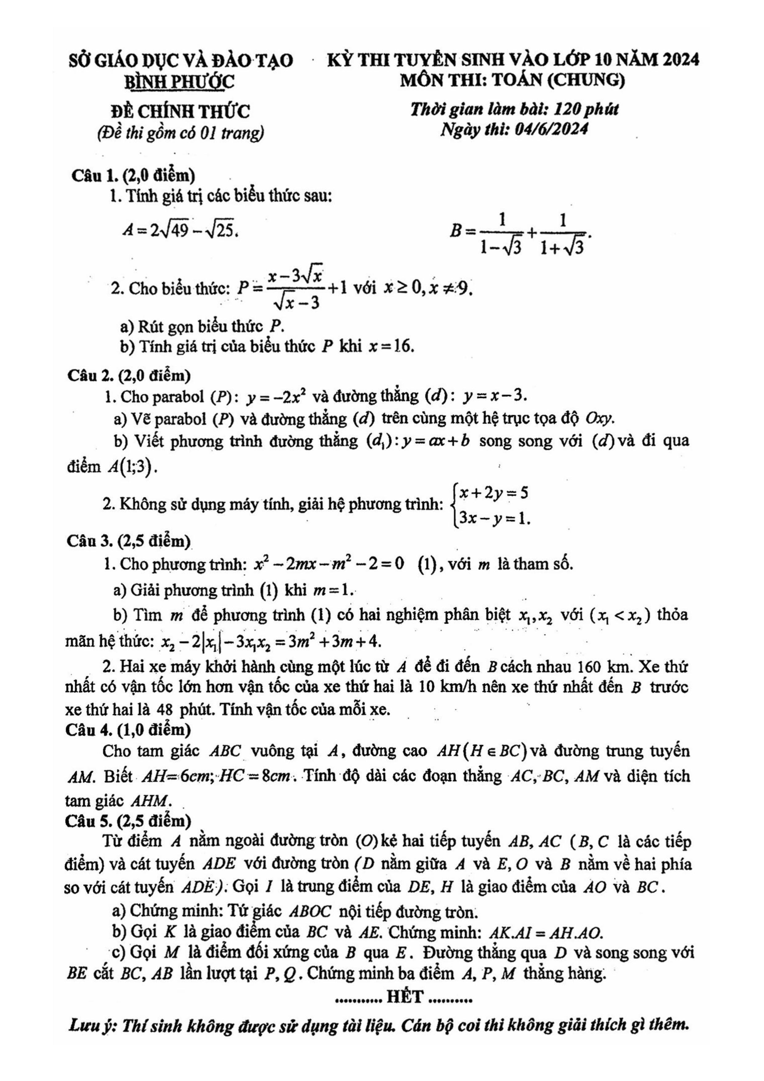 Đề thi chính thức vào 10 môn toán tỉnh Bình Phước năm 2024 có đáp án