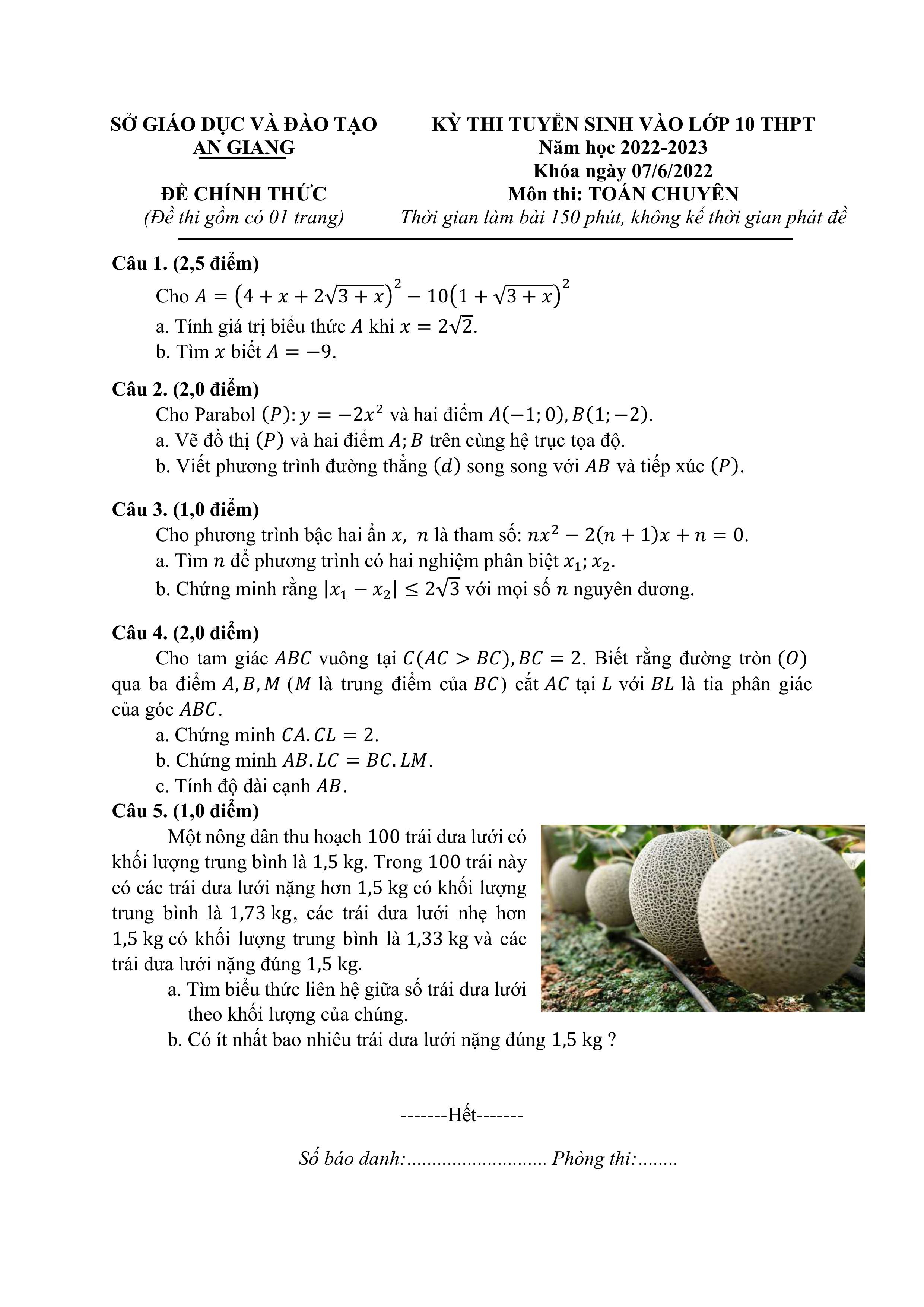 Đề thi vào 10 chuyên toán Sở GD ĐT An Giang năm 2022 có đáp án