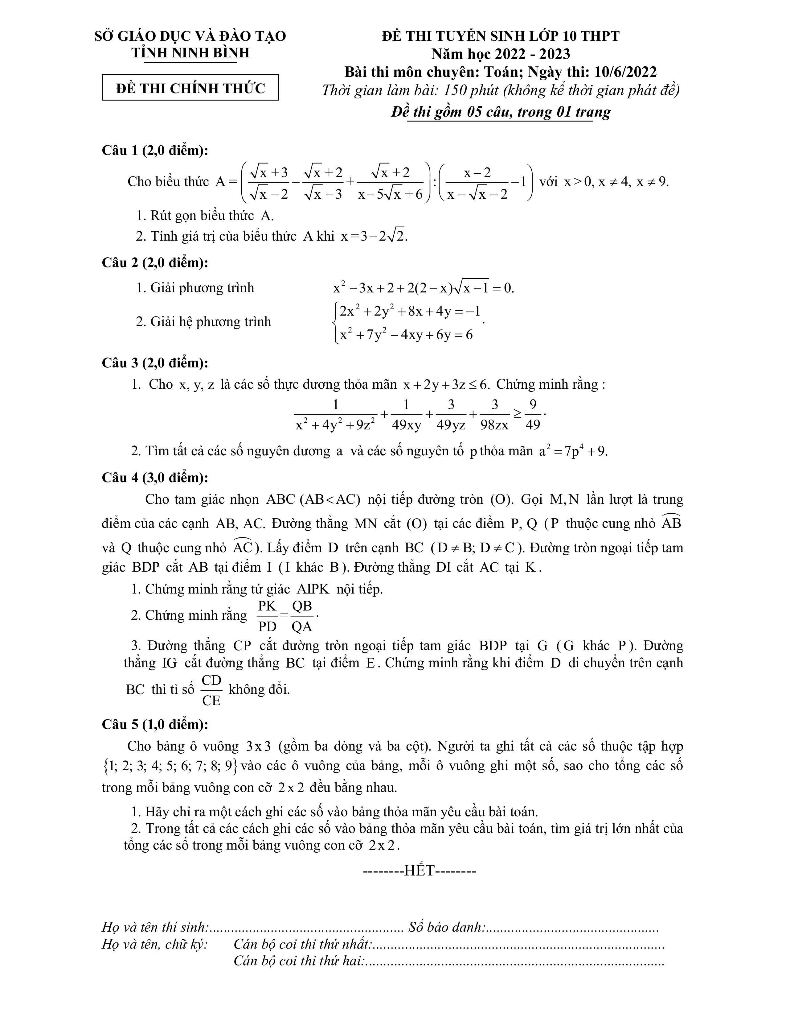 Đề thi vào 10 chuyên toán Sở GD ĐT Ninh Bình năm 2022 có đáp án
