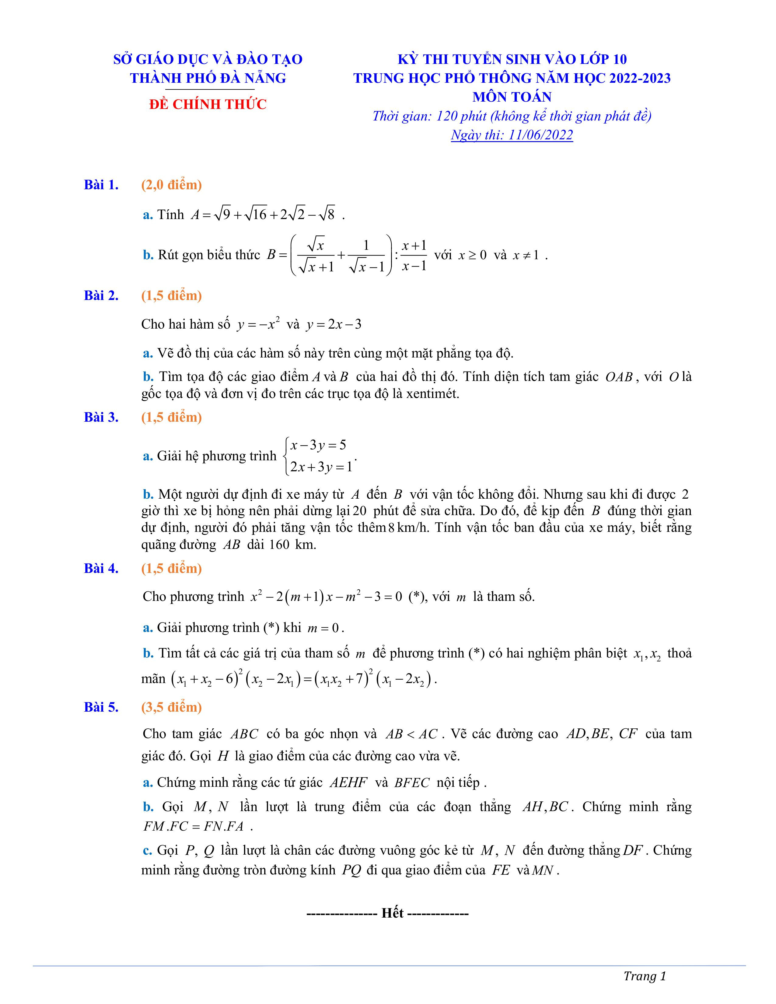 Đề thi chính thức vào 10 môn toán thành phố Đà Nẵng năm 2022 có đáp án