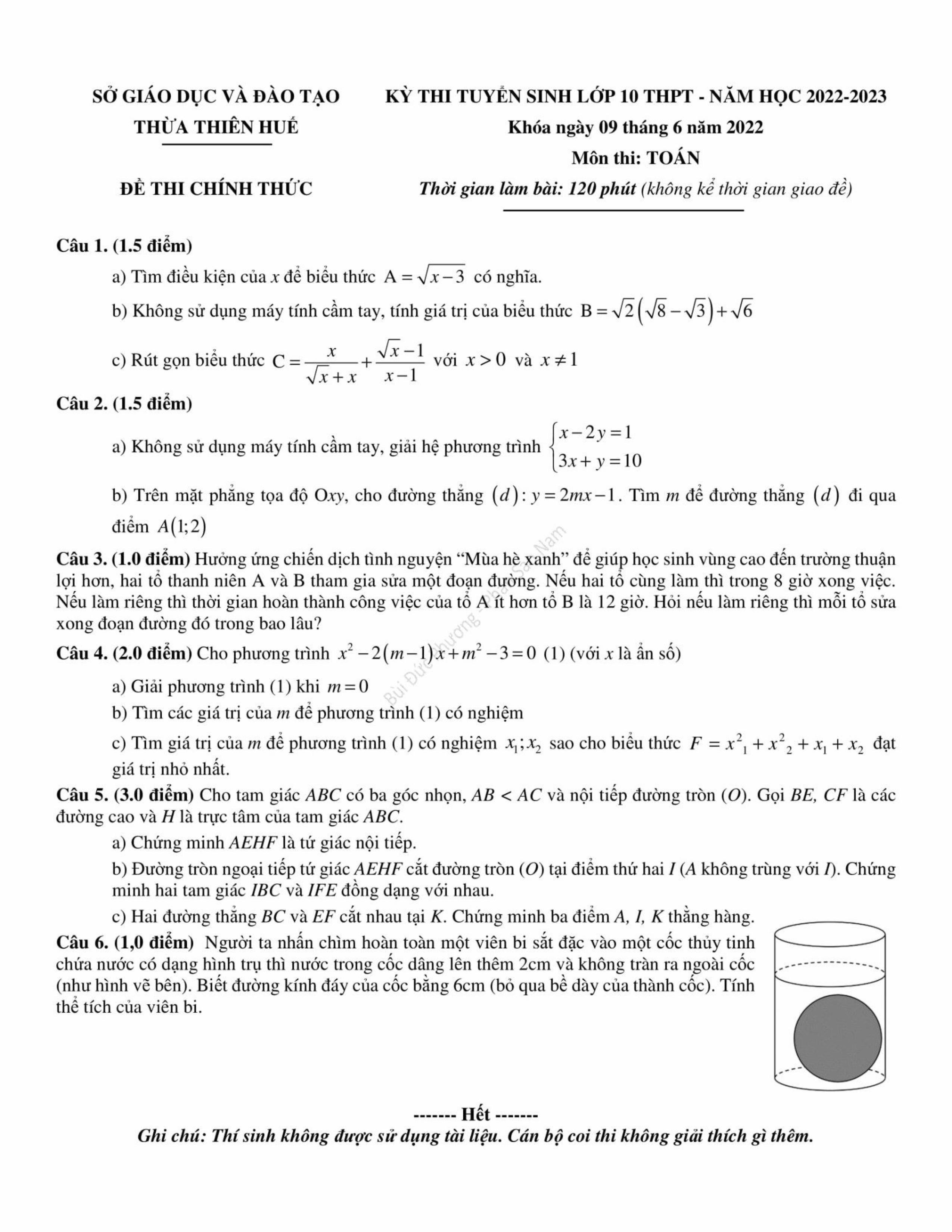 Đề thi chính thức vào 10 môn toán Thừa Thiên Huế năm 2022 có đáp án