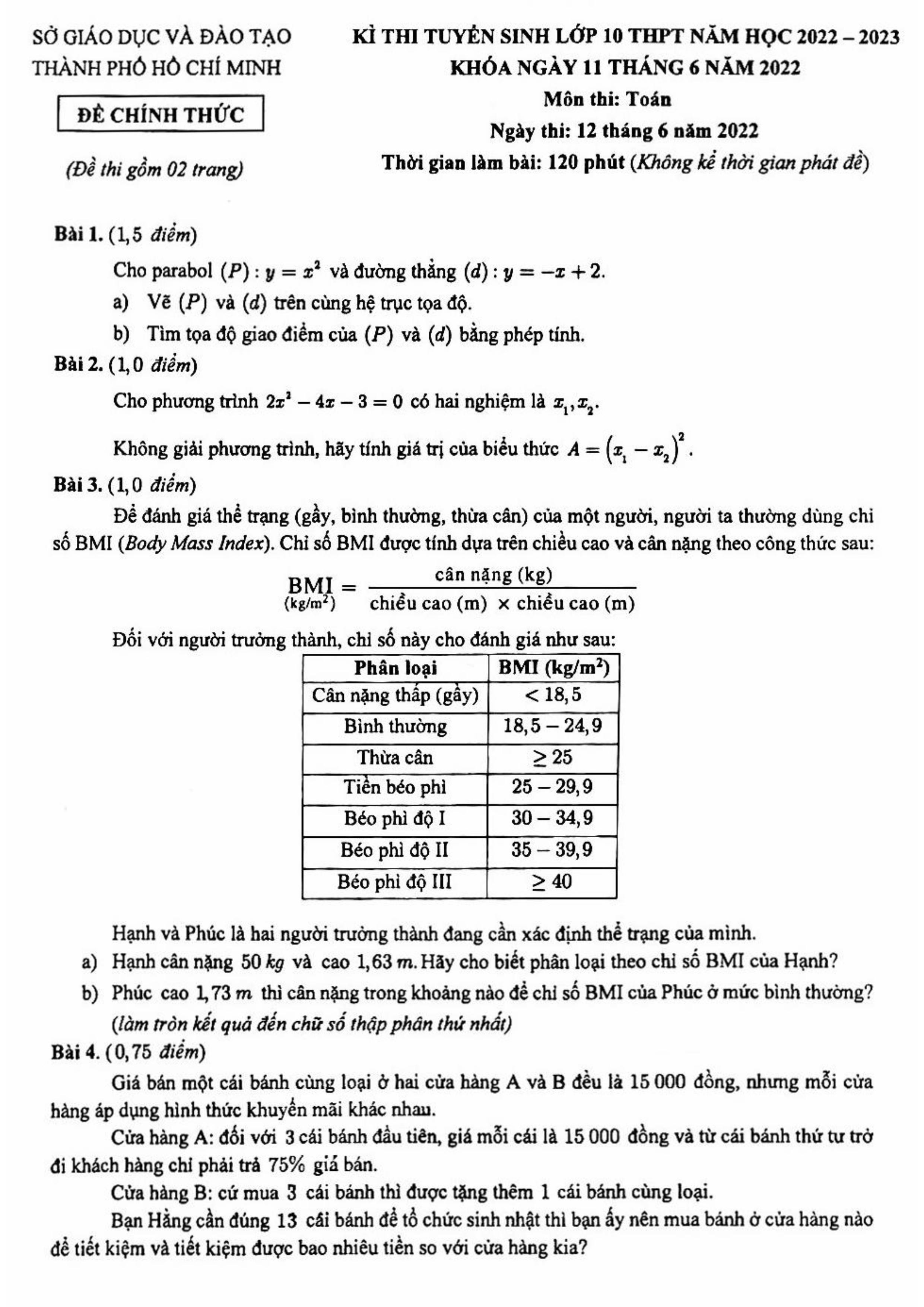 Đề thi chính thức vào 10 môn toán thành phố Hồ Chí Minh năm 2022 có đáp án