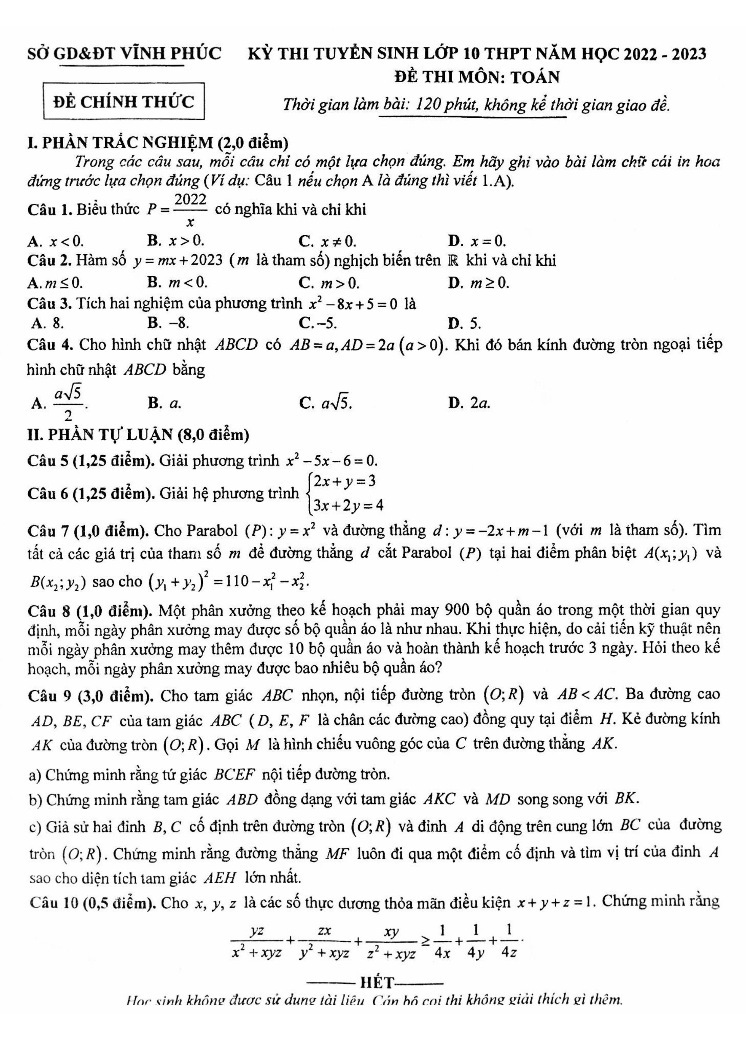 Đề thi chính thức vào 10 môn toán tỉnh Vĩnh Phúc năm 2022 có đáp án