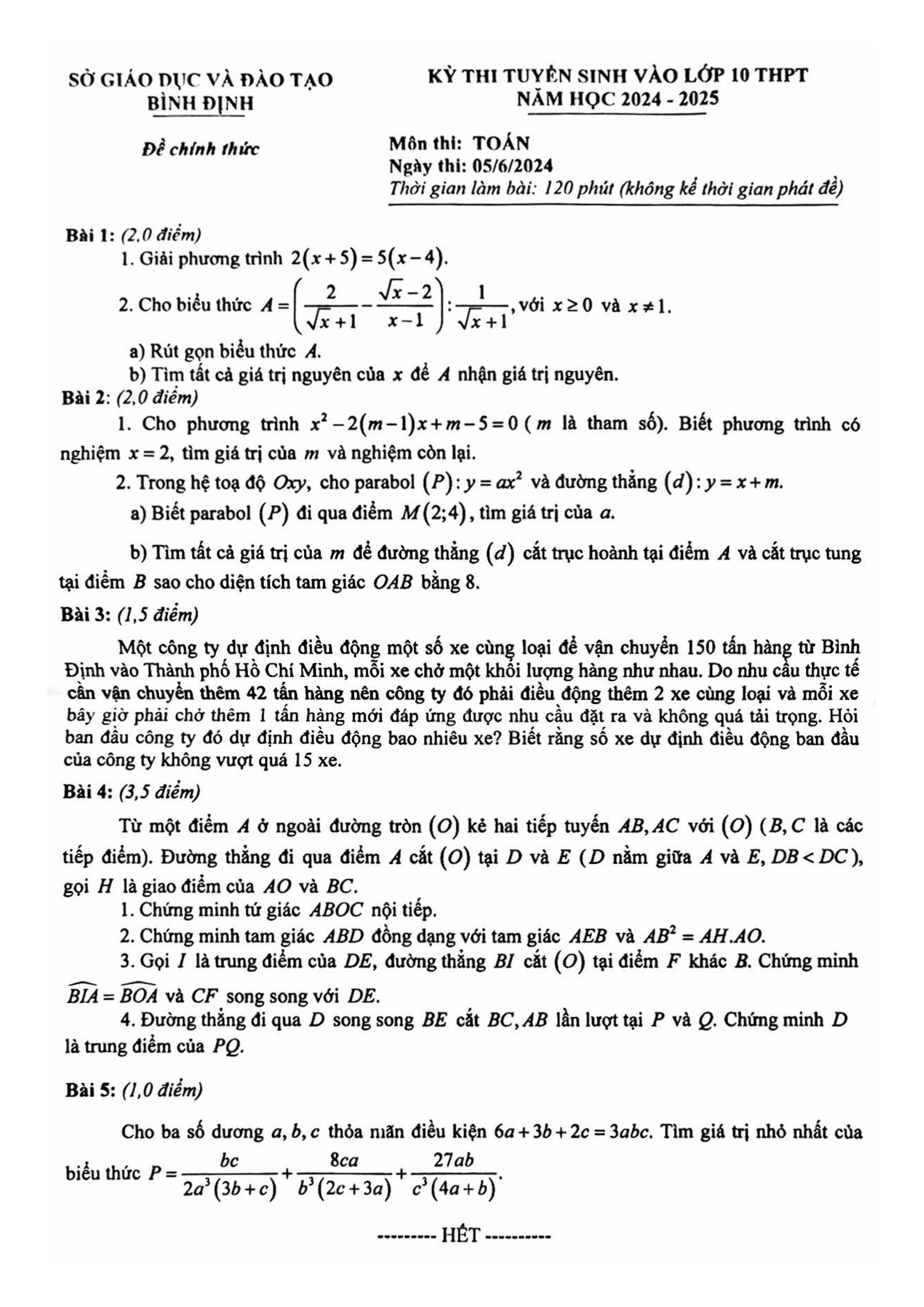 Đề thi chính thức vào 10 môn toán tỉnh Bình Định năm 2024 có đáp án