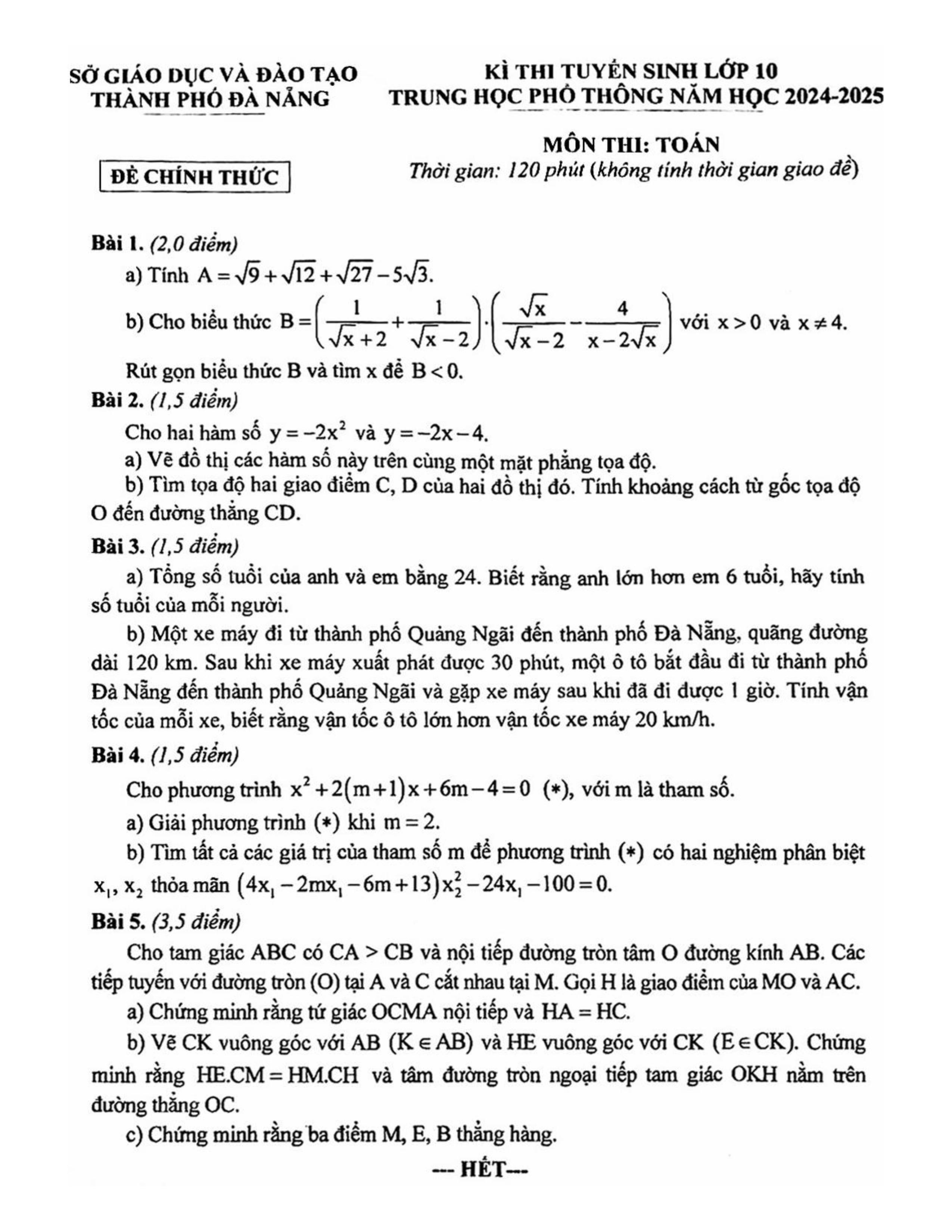 Đề thi chính thức vào 10 môn toán thành phố Đà Nẵng năm 2024 có đáp án
