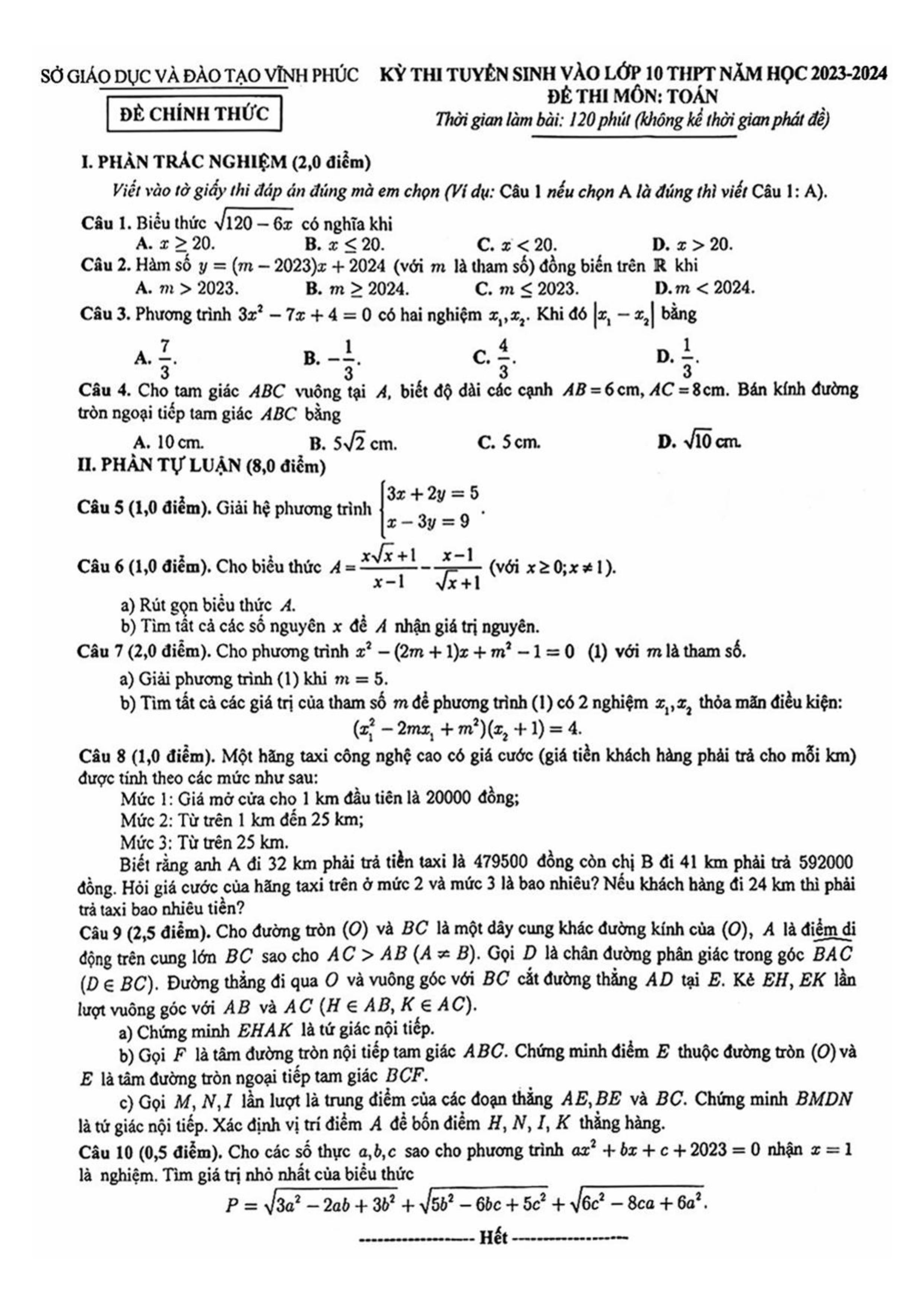 Đề thi chính thức vào 10 môn toán tỉnh Vĩnh Phúc năm 2023 có đáp án