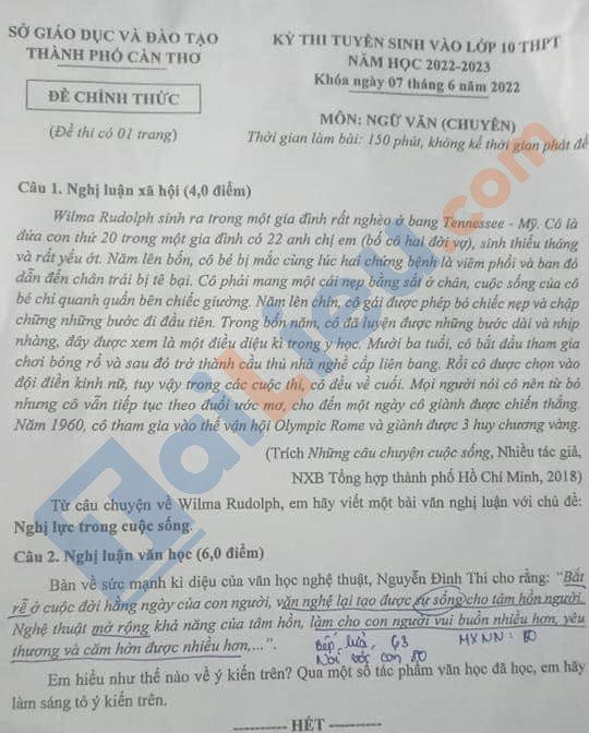 Đề thi vào 10 chuyên văn Sở GD ĐT Cần Thơ năm 2022 có đáp án