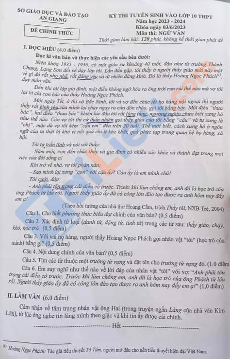 Đề thi chính thức vào 10 môn văn tỉnh An Giang năm 2023 có đáp án