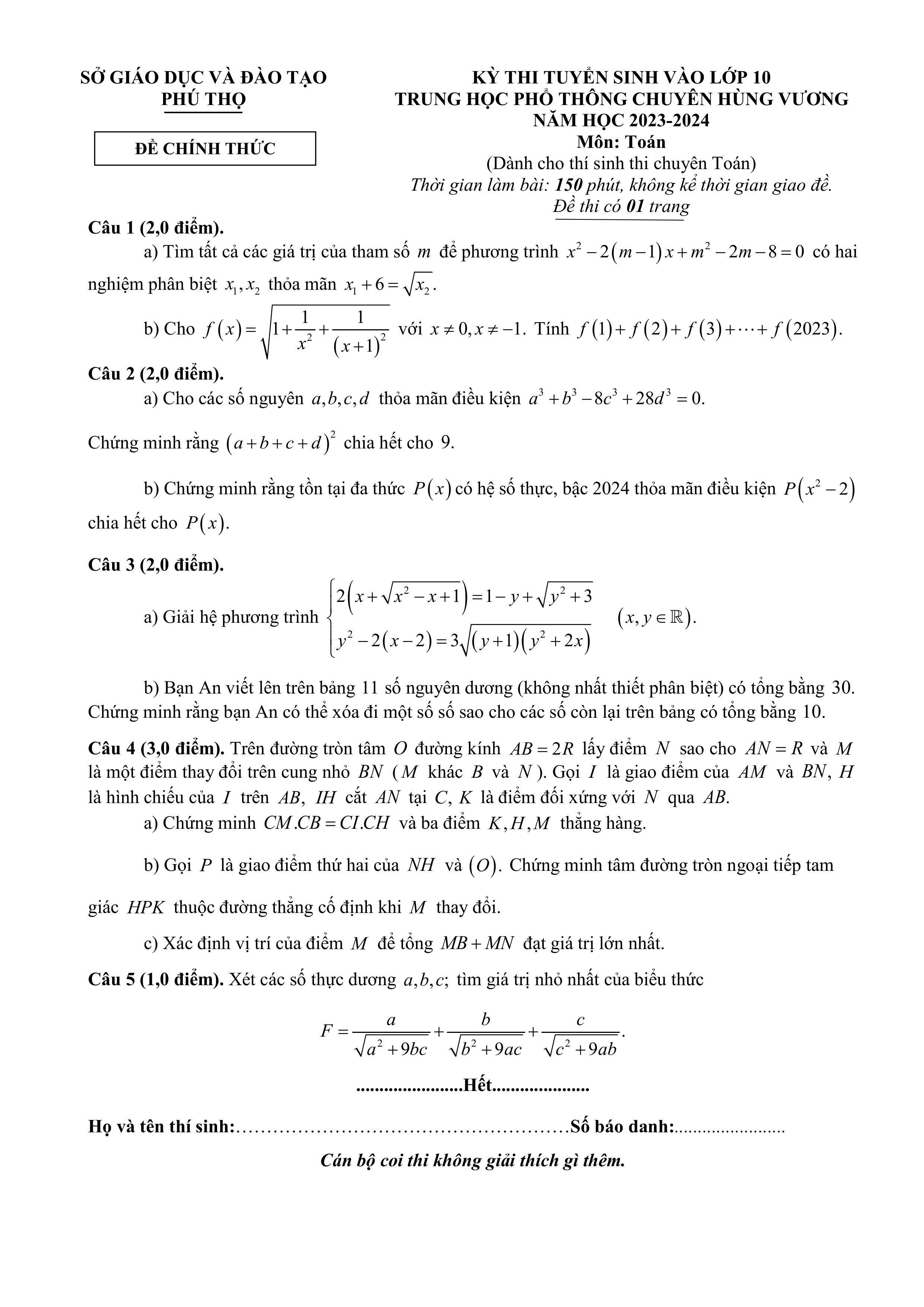 Đề thi vào 10 chuyên toán Sở GD ĐT Phú Thọ năm 2023 có đáp án