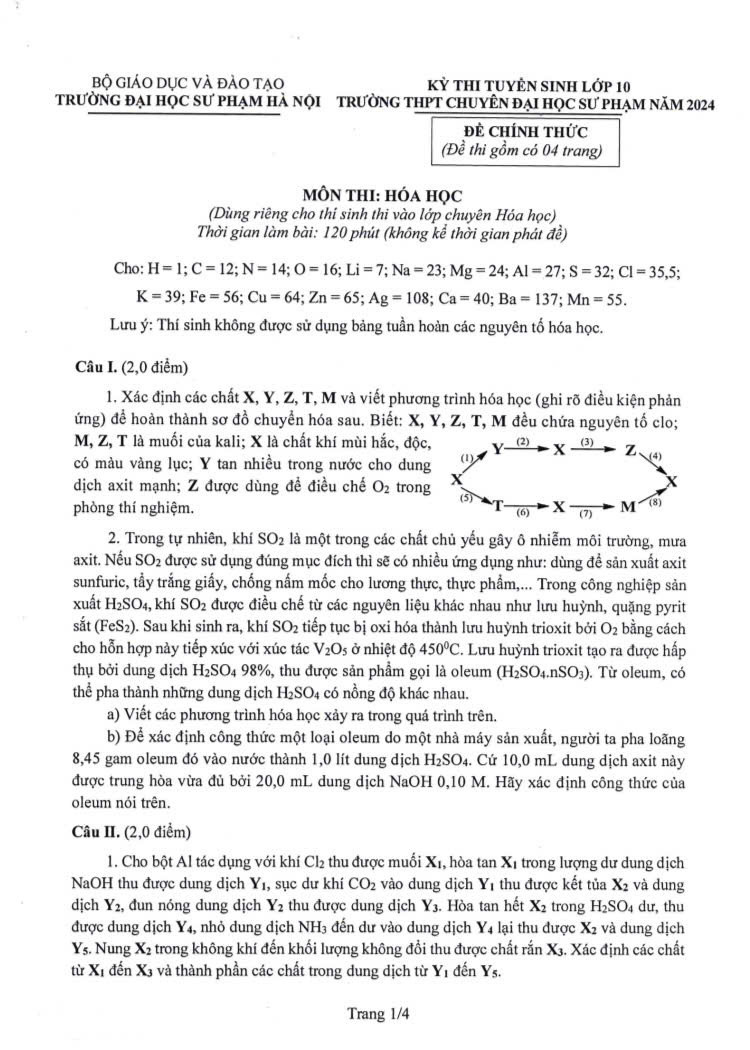Đề thi vào 10 môn hóa  trường THPT chuyên ĐHSP năm 2024 có đáp án