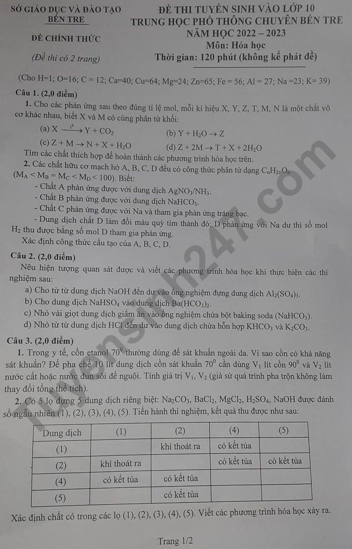 Đề thi vào 10 chuyên hóa Sở GD ĐT Bến Tre năm 2022 có đáp án