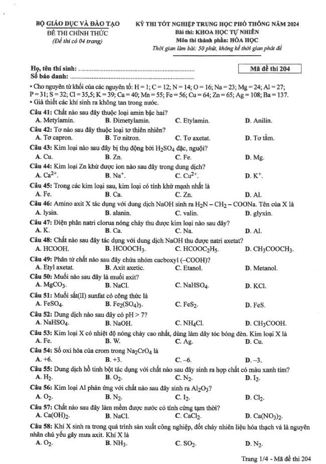Đáp án đề thi môn Hóa mã đề 204 - Tốt nghiệp THPT 2024