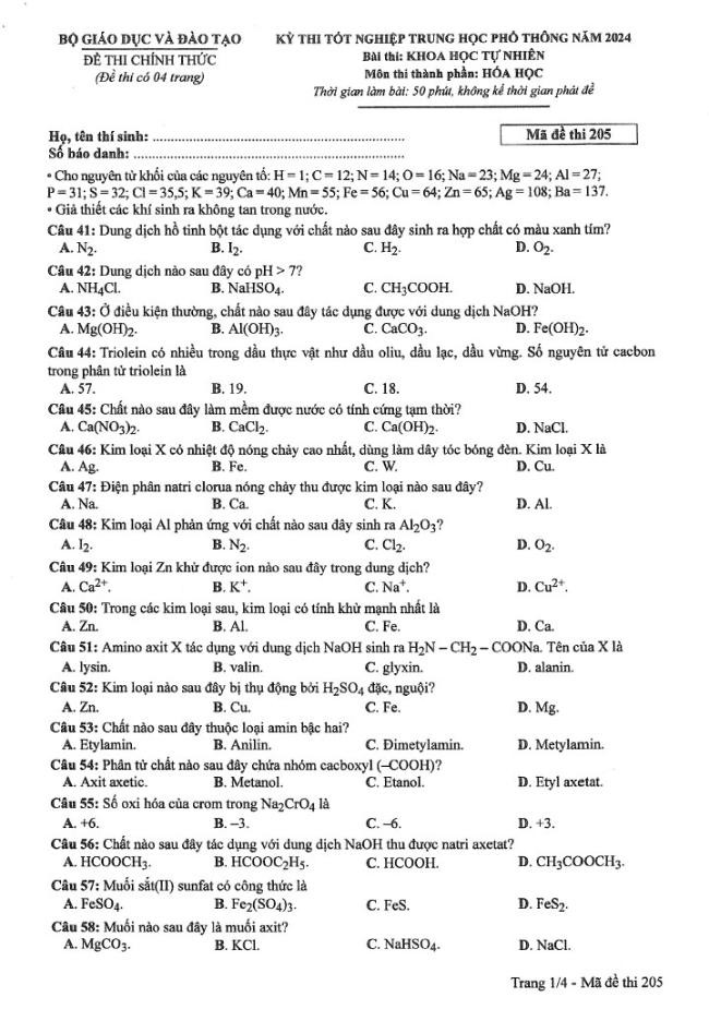 Đáp án đề thi môn Hóa mã đề 205 - Tốt nghiệp THPT 2024