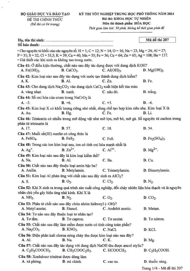 Đáp án đề thi môn Hóa mã đề 207 - Tốt nghiệp THPT 2024