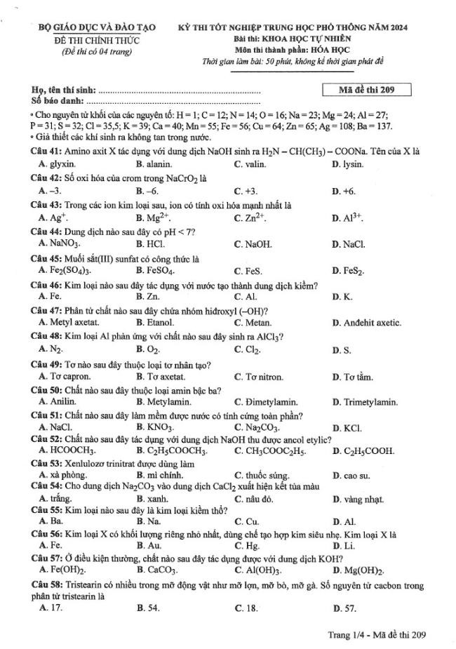 Đáp án đề thi môn Hóa mã đề 209 - Tốt nghiệp THPT 2024
