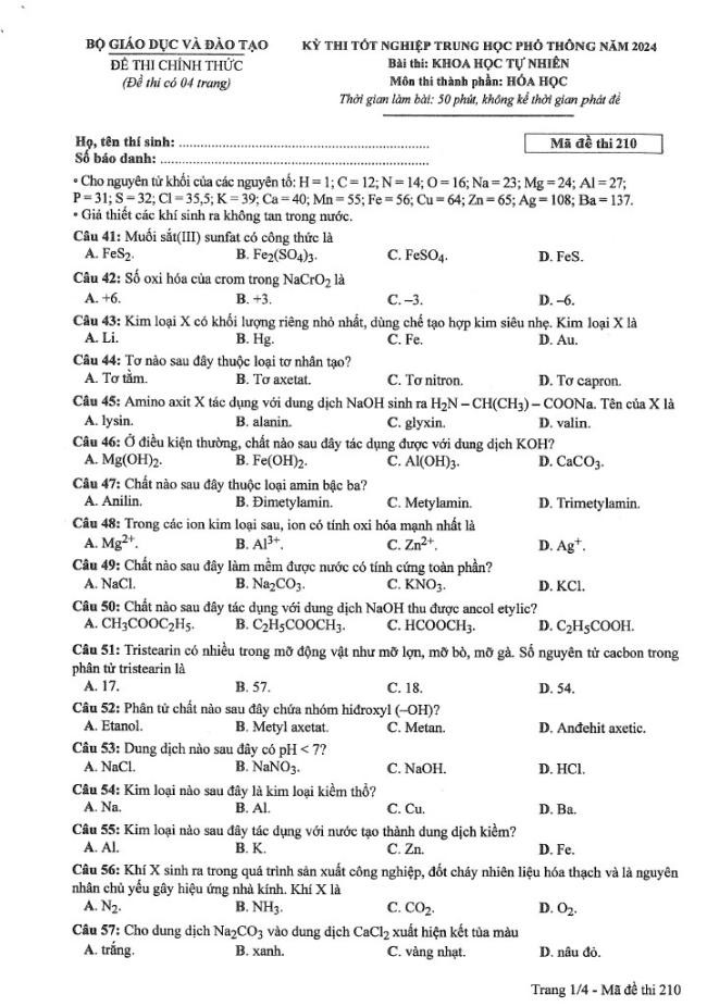 Đáp án đề thi môn Hóa mã đề 210 - Tốt nghiệp THPT 2024