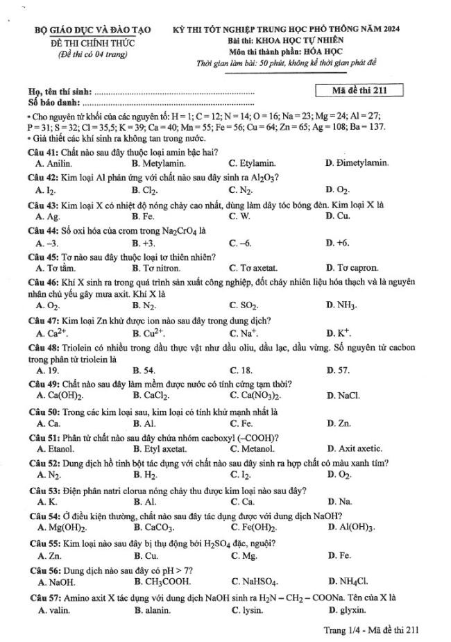 Đáp án đề thi môn Hóa mã đề  211 - Tốt nghiệp THPT 2024