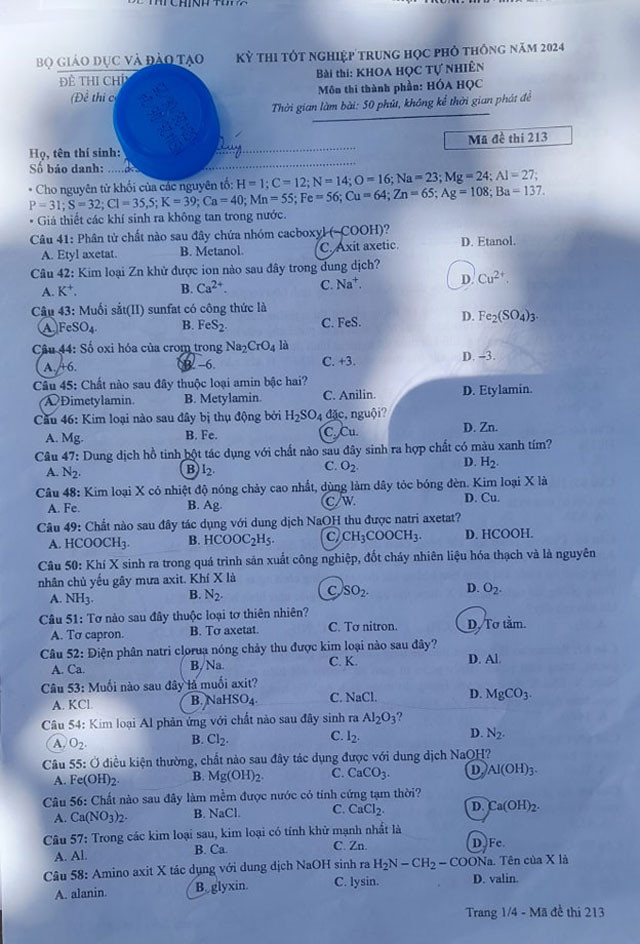 Đáp án đề thi môn Hóa mã đề 213 - Tốt nghiệp THPT 2024