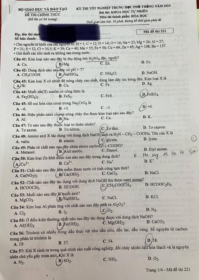 Đáp án đề thi môn Hóa mã đề  221 - Tốt nghiệp THPT 2024