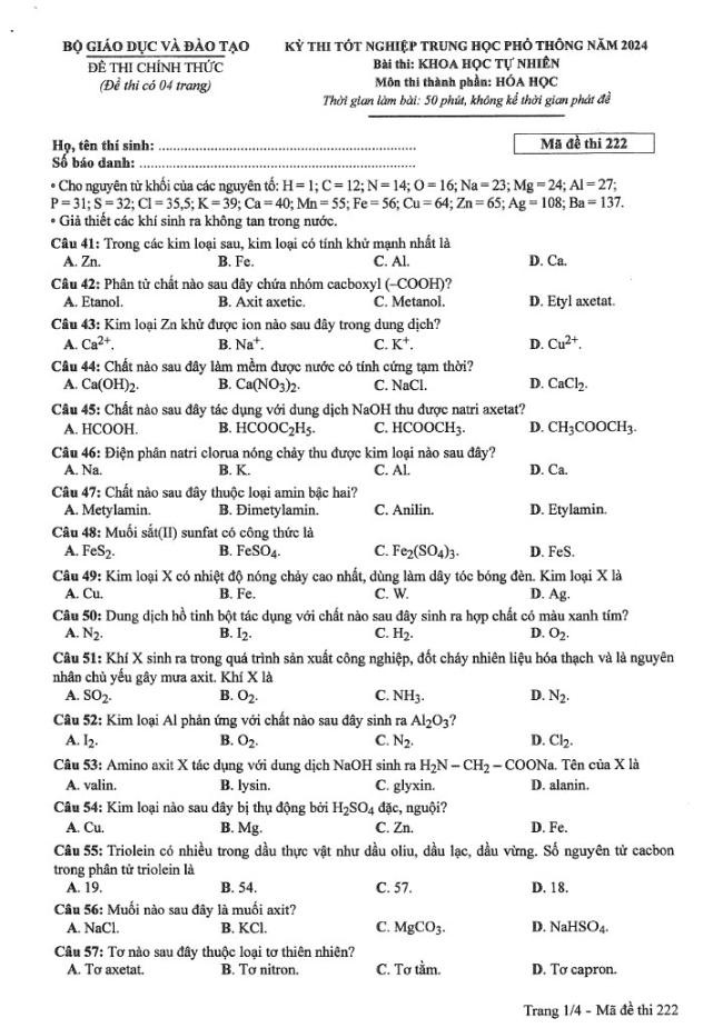 Đáp án đề thi môn Hóa mã đề  222- Tốt nghiệp THPT 2024