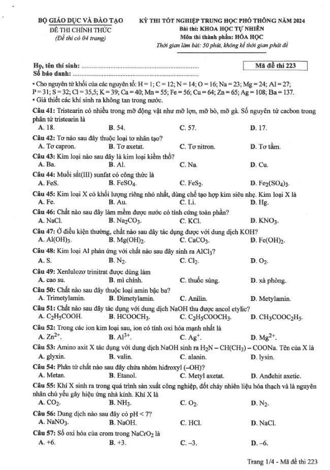 Đáp án đề thi môn Hóa mã đề 223 - Tốt nghiệp THPT 2024