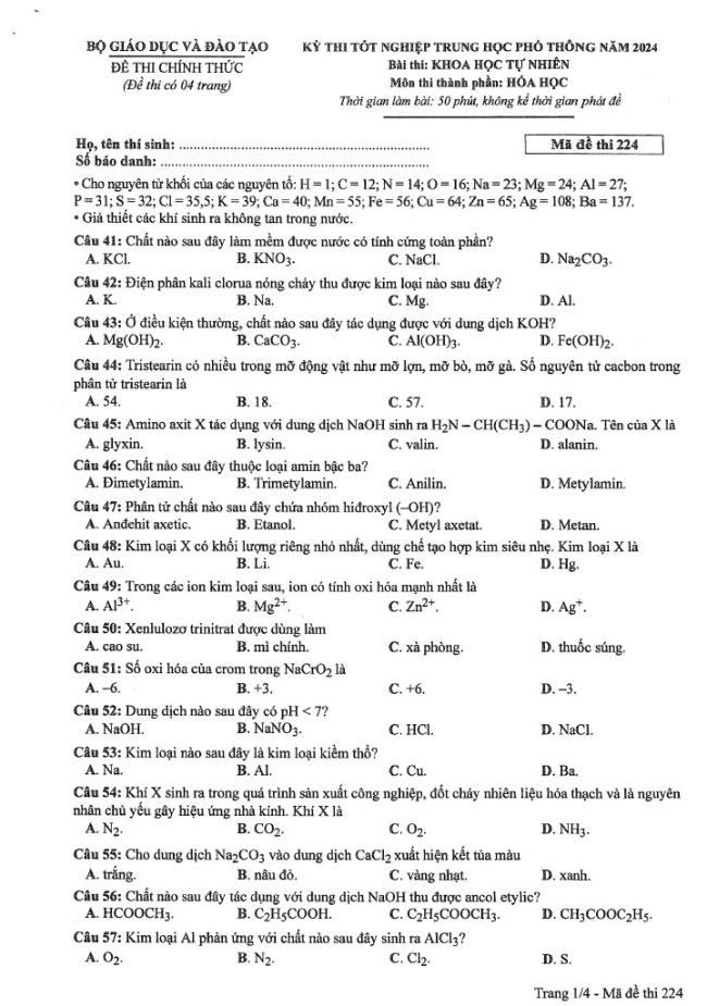 Đáp án đề thi môn Hóa mã đề 224 - Tốt nghiệp THPT 2024