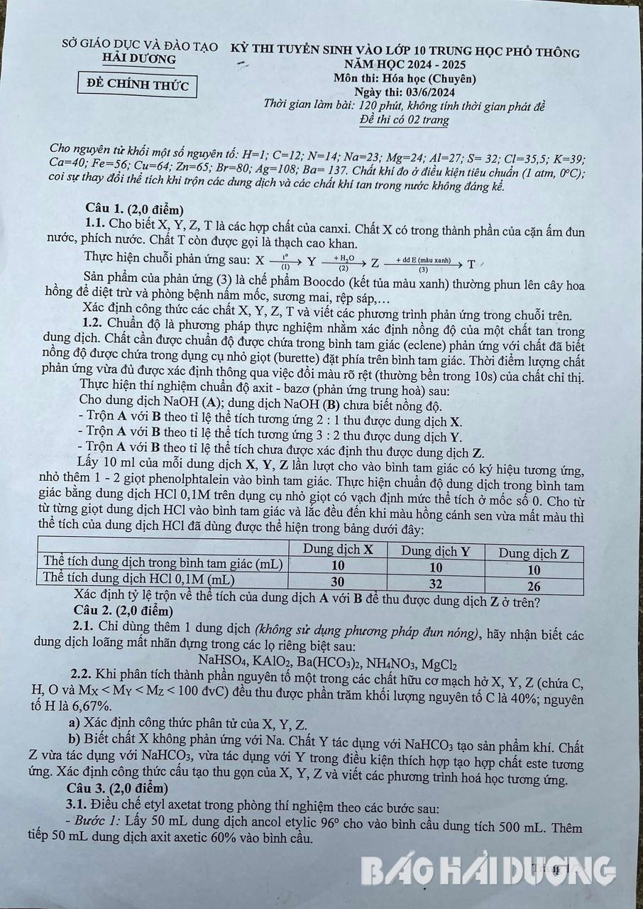 Đề thi vào 10 chuyên hóa Sở GD ĐT Hải Dương năm 2024 có đáp án