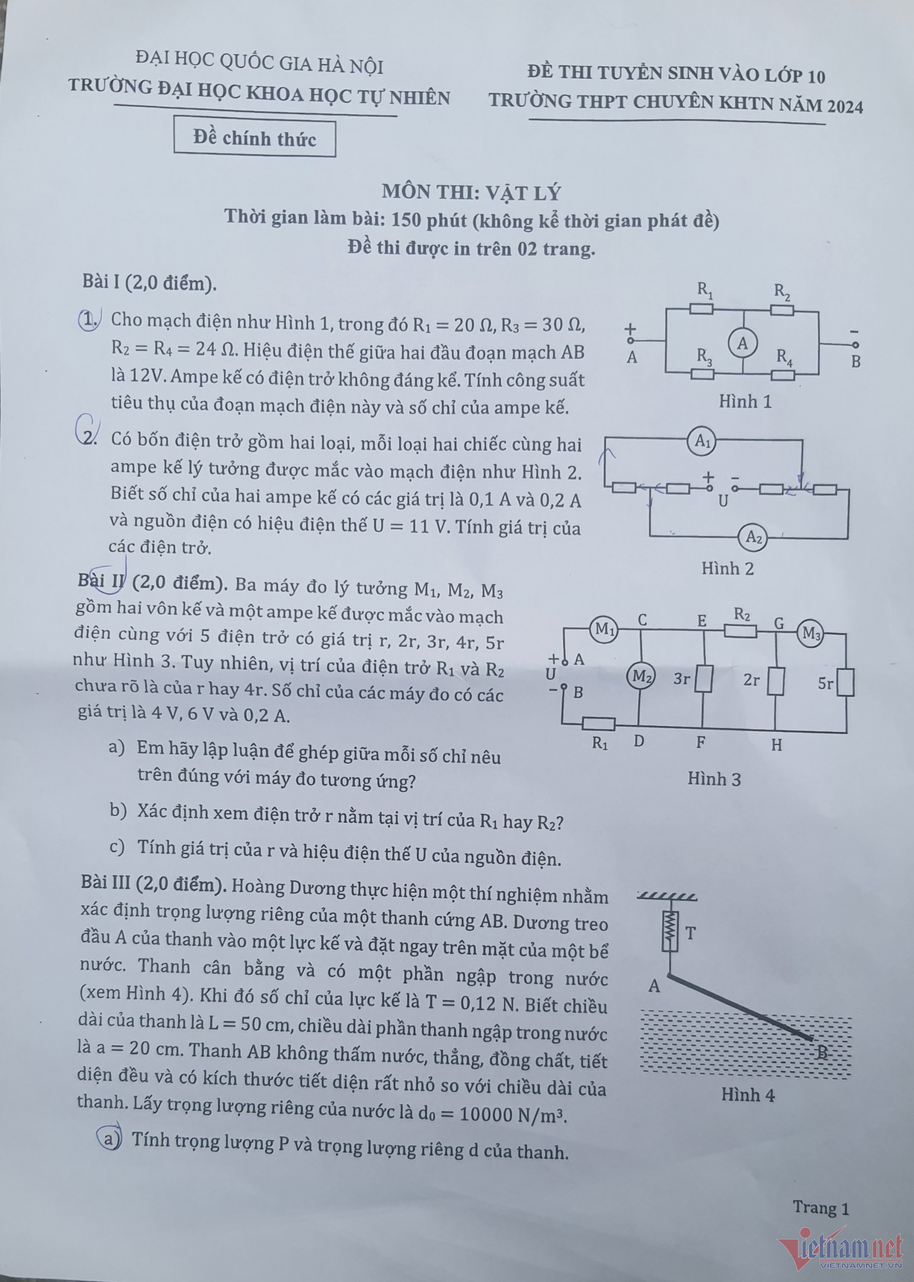 Đề thi vào 10 môn Lý trường THPT chuyên KHTN năm 2024 có đáp án