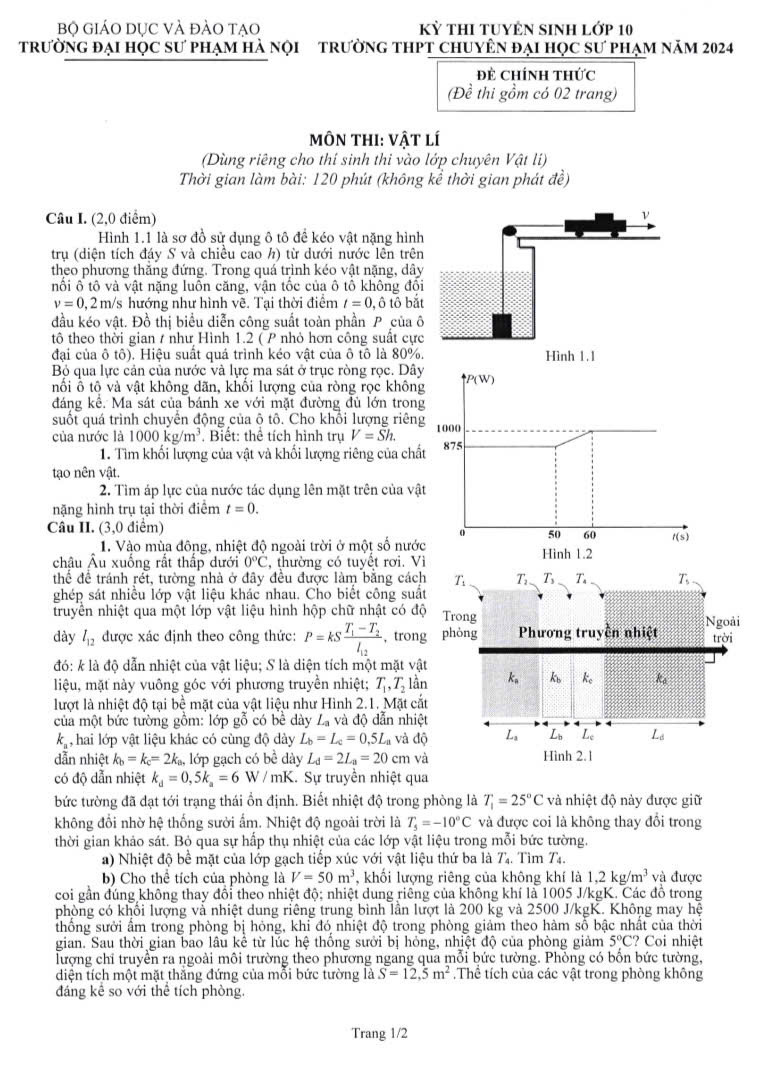 Đề thi vào 10 môn lý  trường THPT chuyên ĐHSP năm 2024 có đáp án
