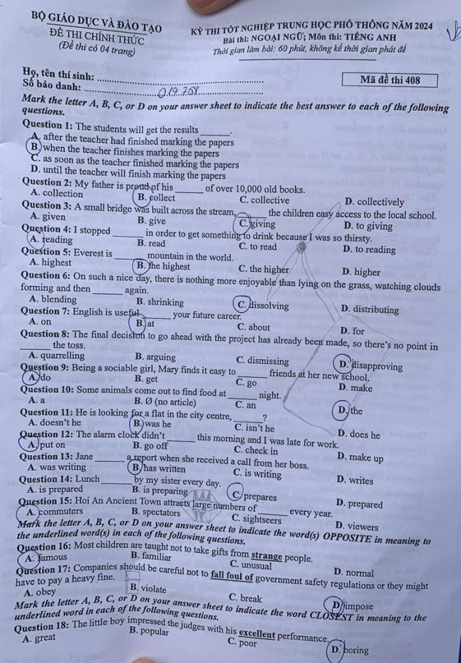 Đáp án đề thi môn Tiếng Anh mã đề 408 - Tốt nghiệp THPT 2024