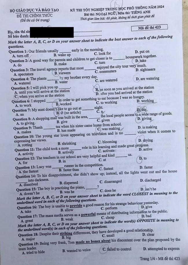 Đáp án đề thi môn Tiếng Anh mã đề 423 - Tốt nghiệp THPT 2024