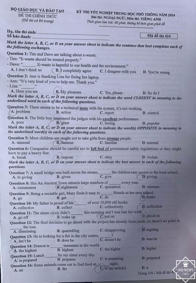 Đáp án đề thi môn Tiếng Anh mã đề 424 - Tốt nghiệp THPT 2024
