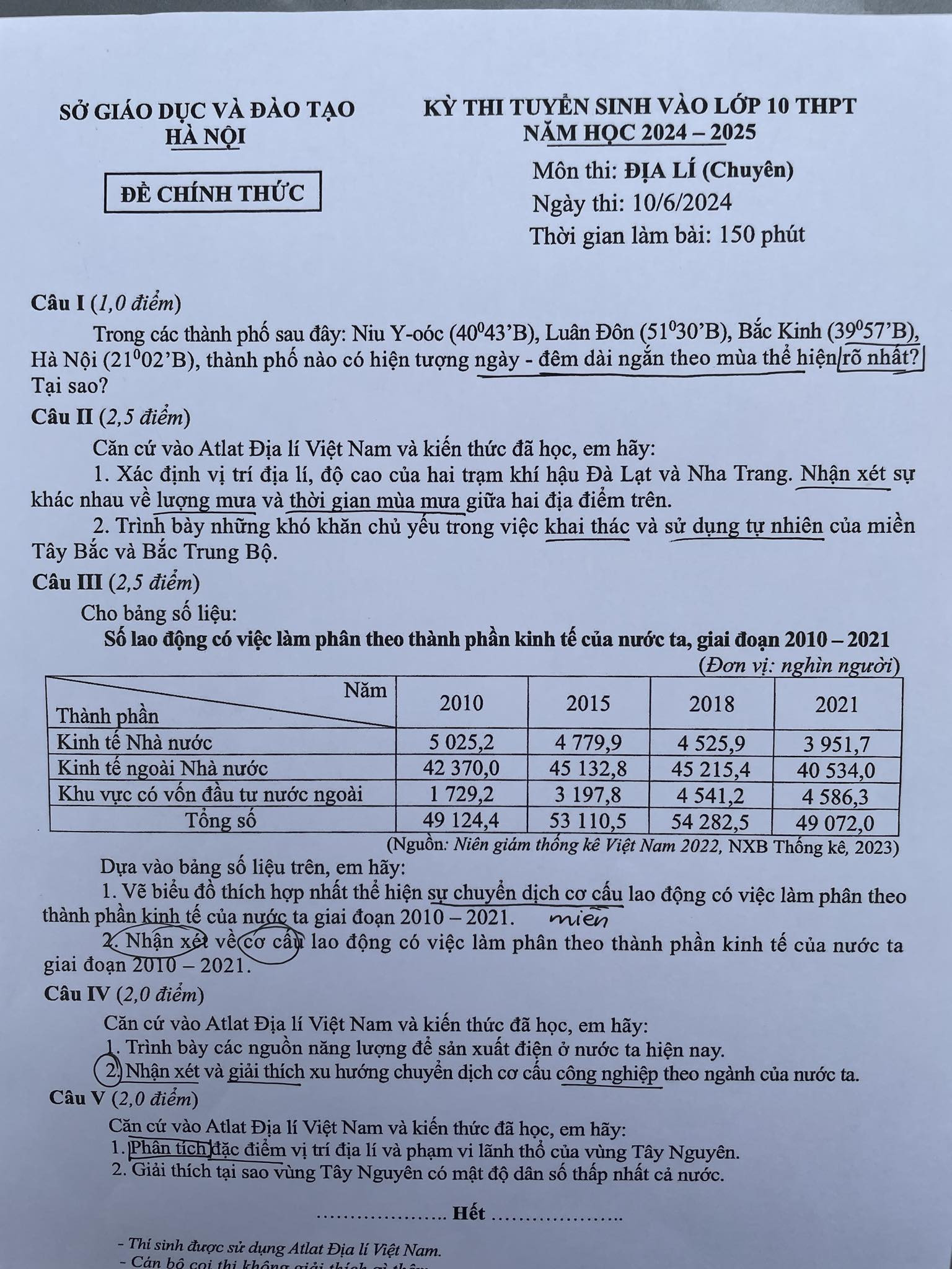 Đề thi vào 10 chuyên Địa Sở GDĐT Hà Nội năm 2024 có đáp án