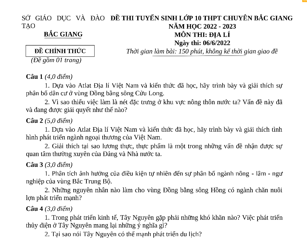 Đề thi vào 10 chuyên địa Sở GD ĐT Bắc Giang năm 2022 có đáp án