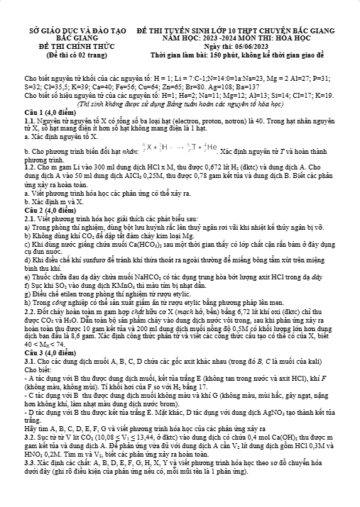 Đề thi vào 10 chuyên hóa Sở GD ĐT Bắc Giang năm 2023 có đáp án