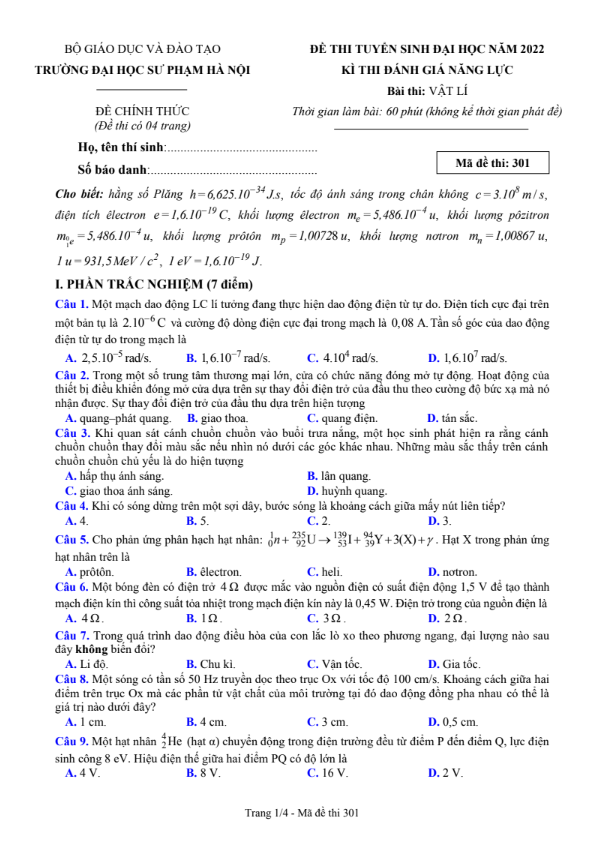 Đề thi đánh giá năng lực môn lý Đại học Quốc Gia Hà Nội năm 2022